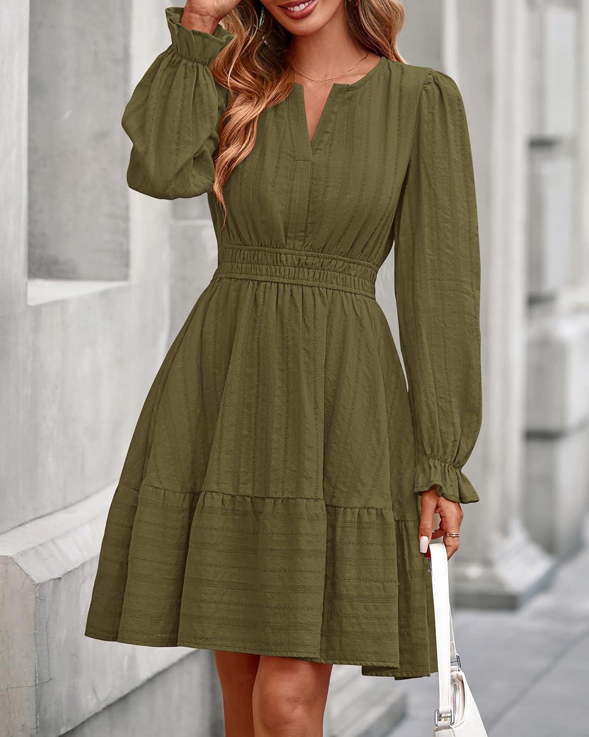 imageBTFBM Mini Dresses for Women 2025 Casual Lightweight Long Sleeve V Neck A Line Elastic Waist Party Holiday DressArmy Green