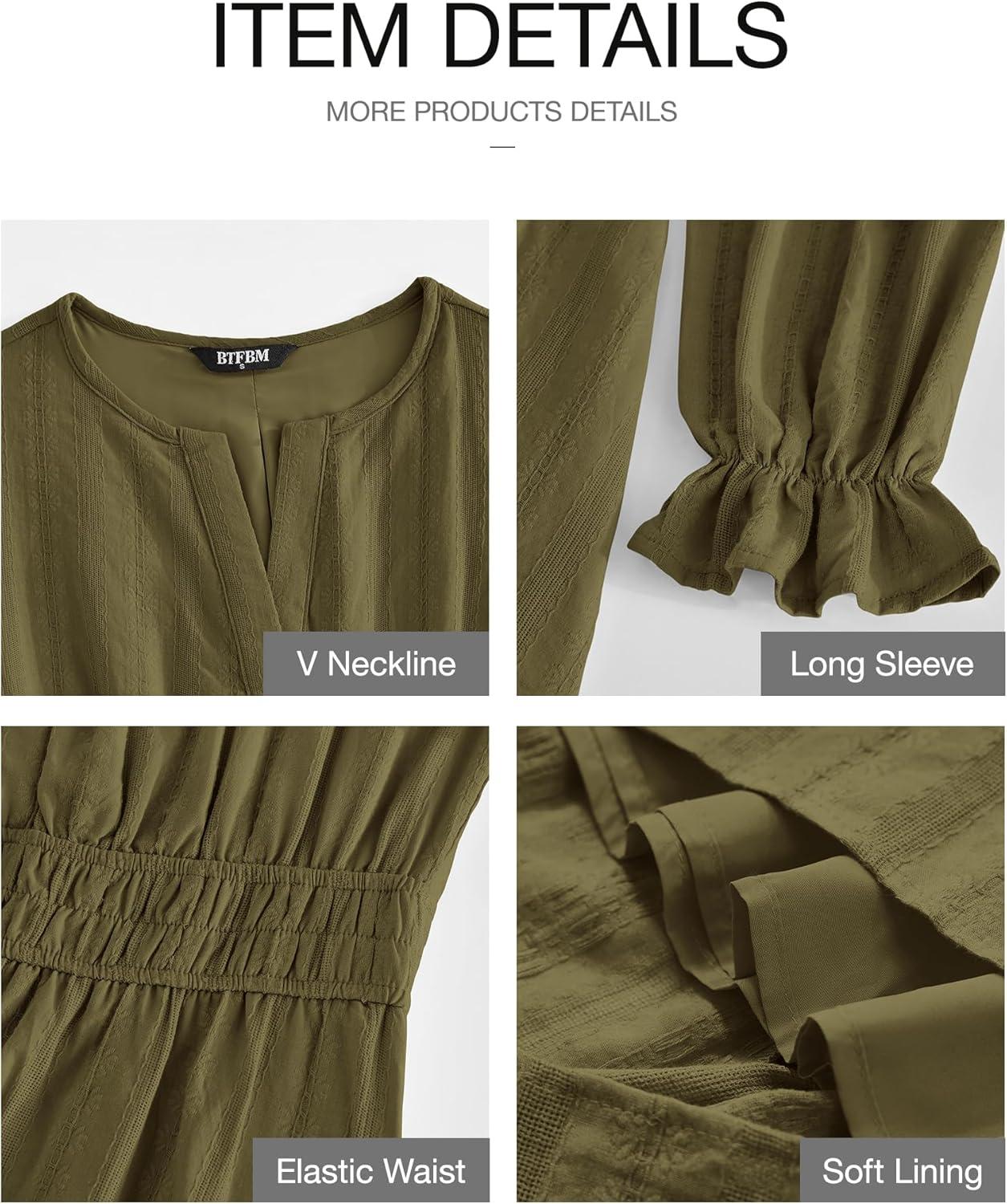 imageBTFBM Mini Dresses for Women 2025 Casual Lightweight Long Sleeve V Neck A Line Elastic Waist Party Holiday DressArmy Green