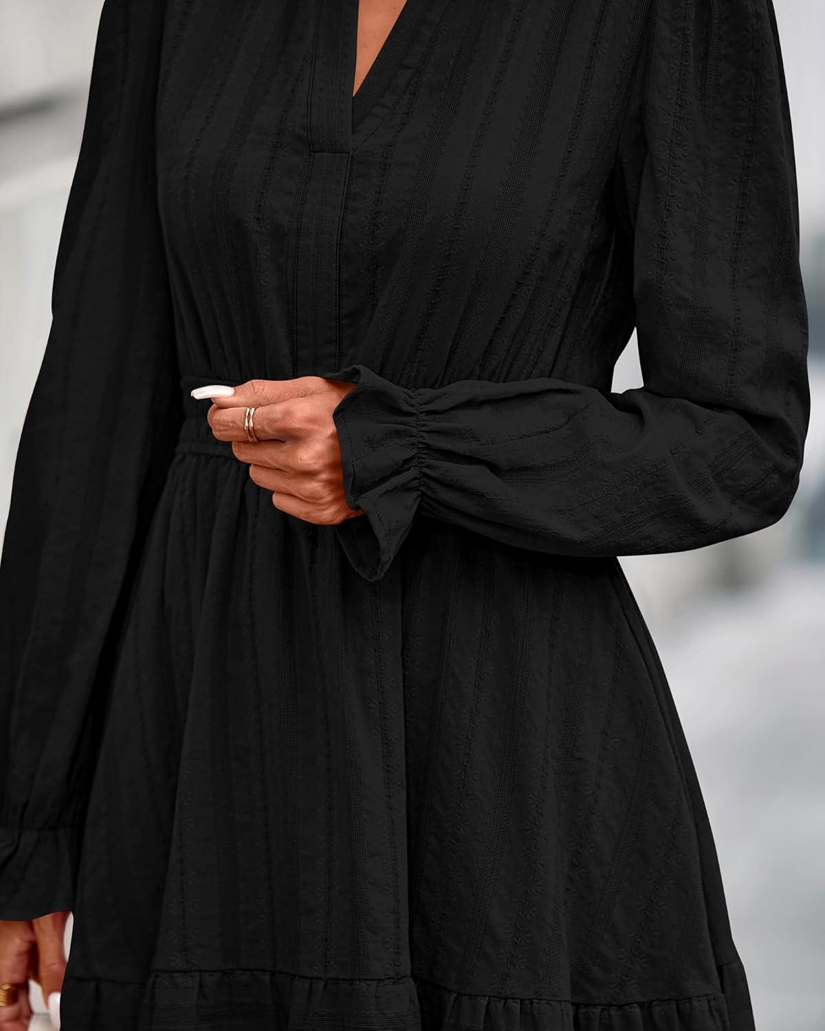 imageBTFBM Mini Dresses for Women 2025 Casual Lightweight Long Sleeve V Neck A Line Elastic Waist Party Holiday DressBlack