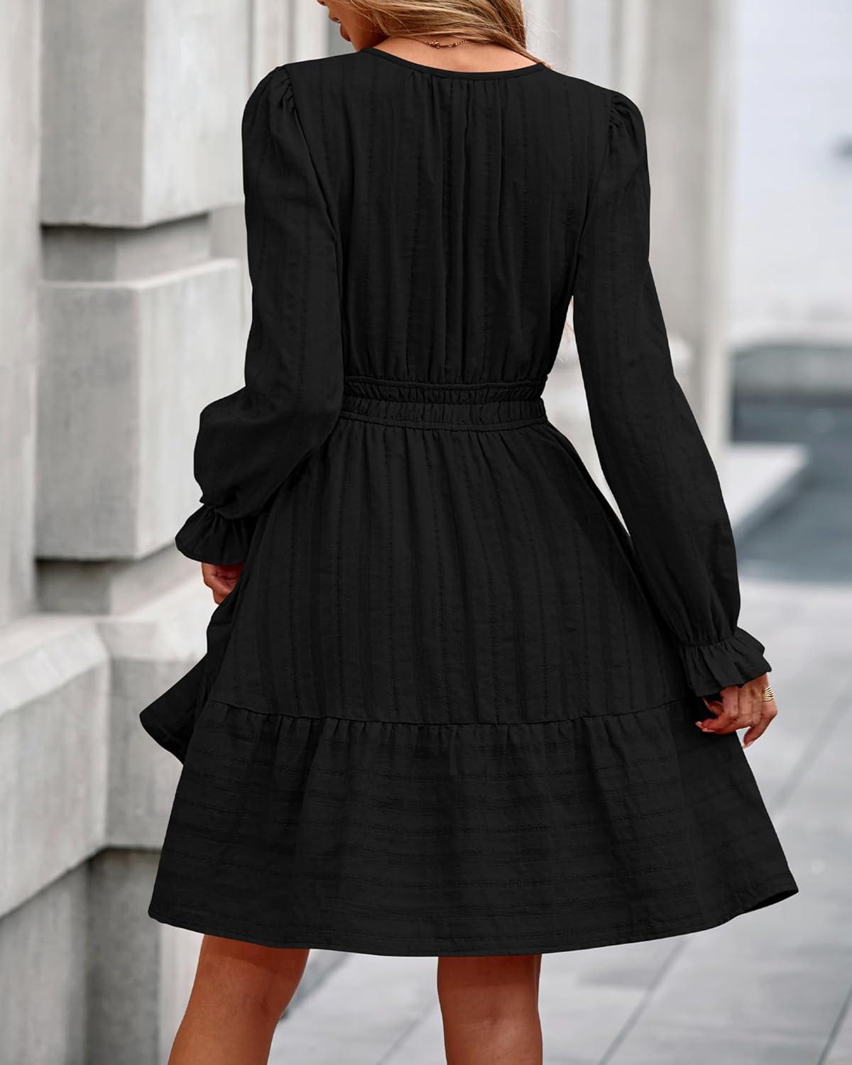 imageBTFBM Mini Dresses for Women 2025 Casual Lightweight Long Sleeve V Neck A Line Elastic Waist Party Holiday DressBlack