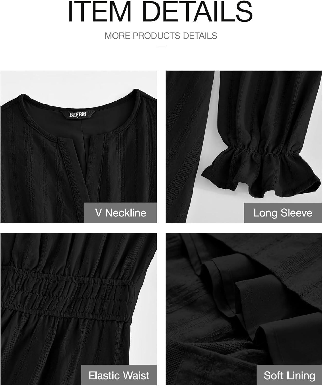 imageBTFBM Mini Dresses for Women 2025 Casual Lightweight Long Sleeve V Neck A Line Elastic Waist Party Holiday DressBlack