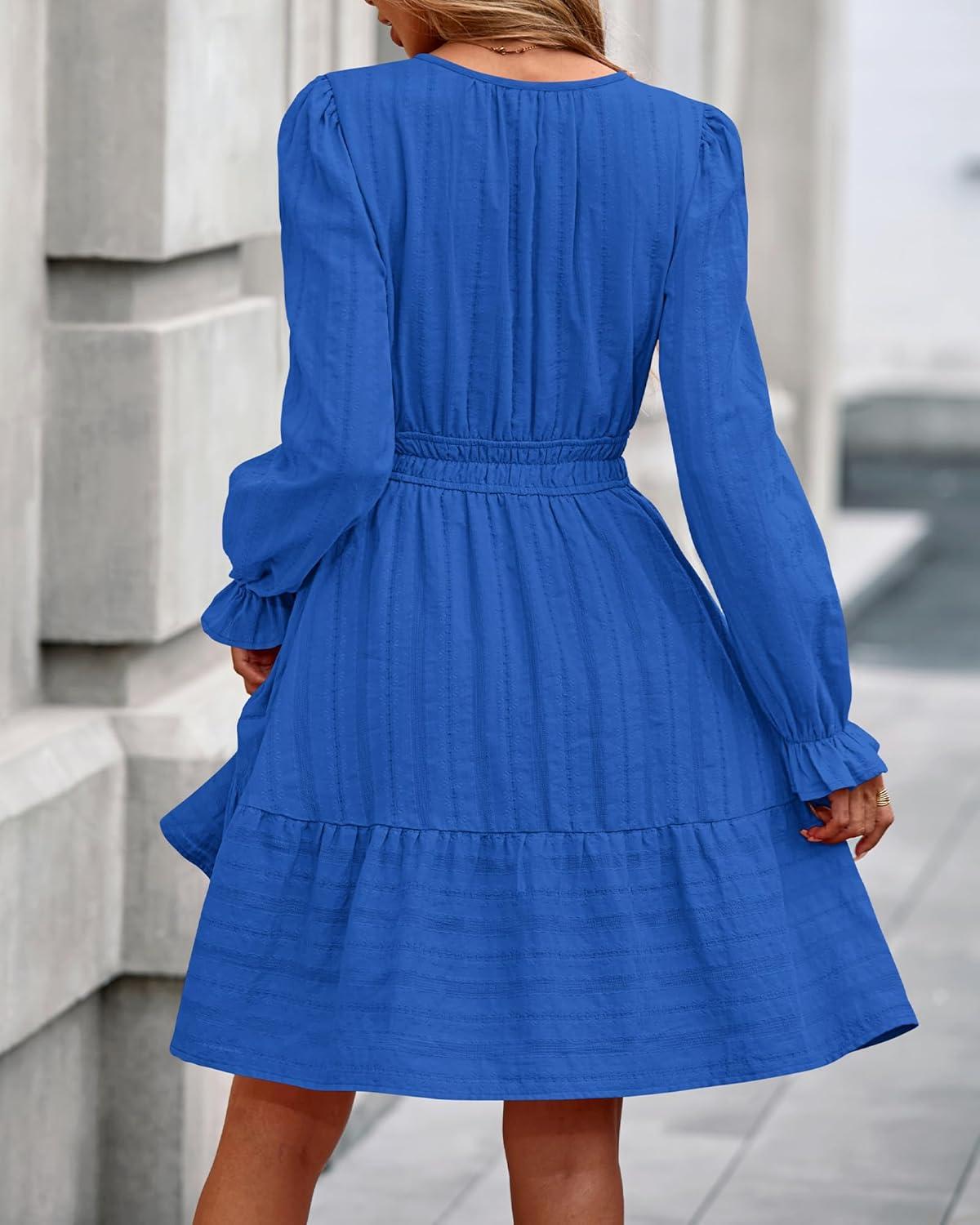 imageBTFBM Mini Dresses for Women 2025 Casual Lightweight Long Sleeve V Neck A Line Elastic Waist Party Holiday DressBlue