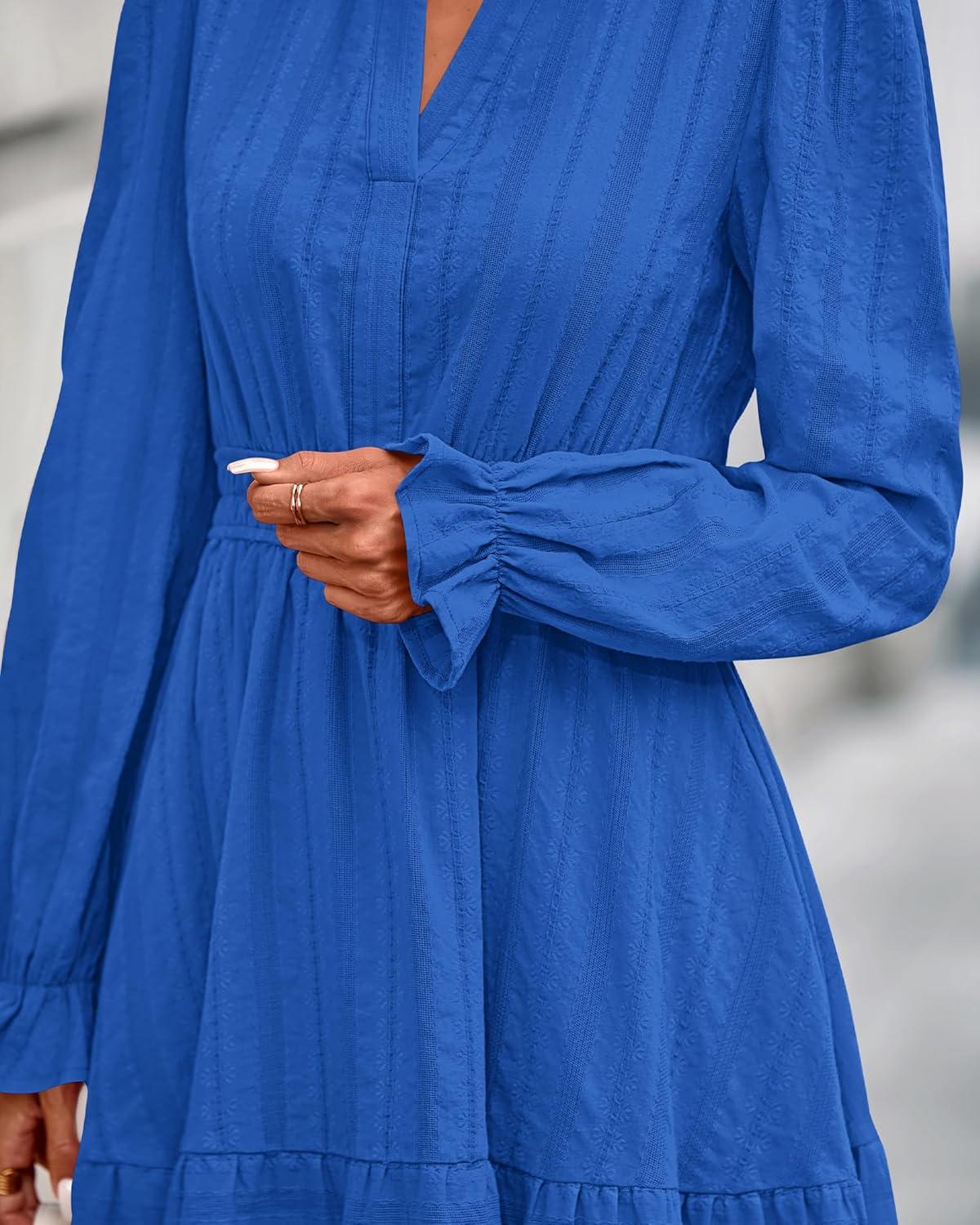 imageBTFBM Mini Dresses for Women 2025 Casual Lightweight Long Sleeve V Neck A Line Elastic Waist Party Holiday DressBlue