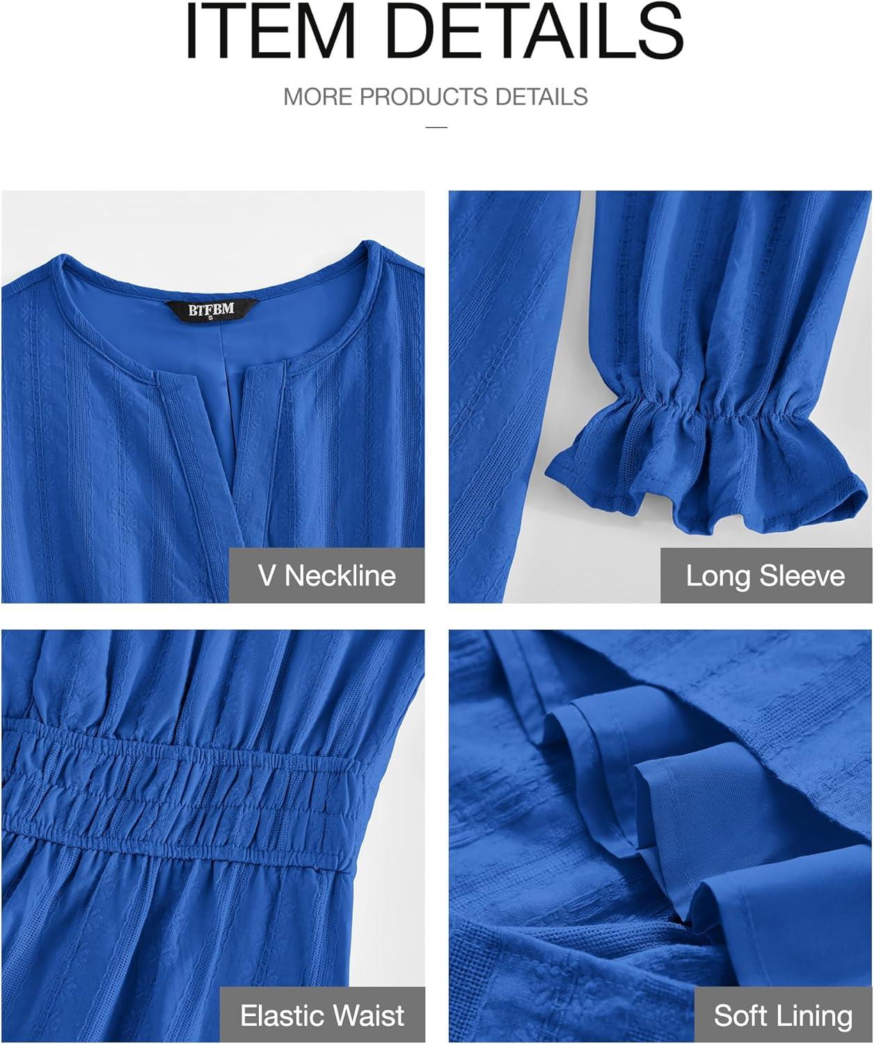 imageBTFBM Mini Dresses for Women 2025 Casual Lightweight Long Sleeve V Neck A Line Elastic Waist Party Holiday DressBlue