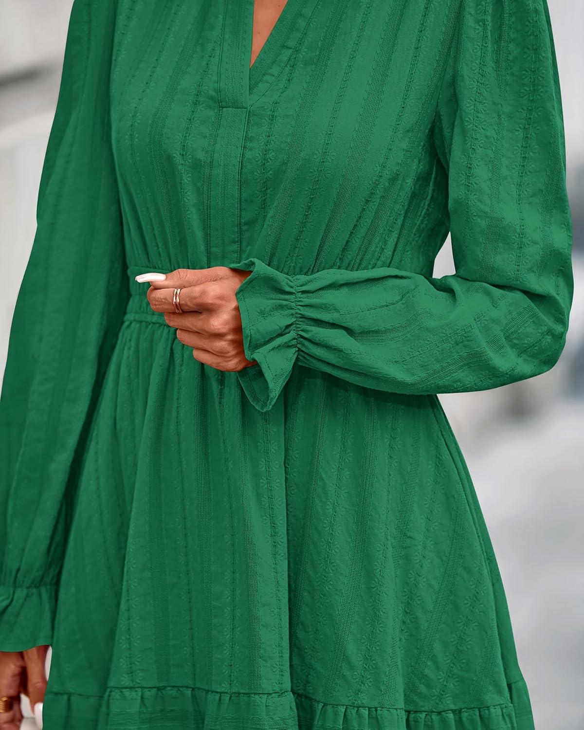 imageBTFBM Mini Dresses for Women 2025 Casual Lightweight Long Sleeve V Neck A Line Elastic Waist Party Holiday DressDark Green