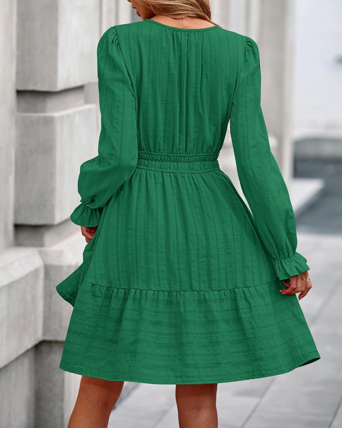 imageBTFBM Mini Dresses for Women 2025 Casual Lightweight Long Sleeve V Neck A Line Elastic Waist Party Holiday DressDark Green