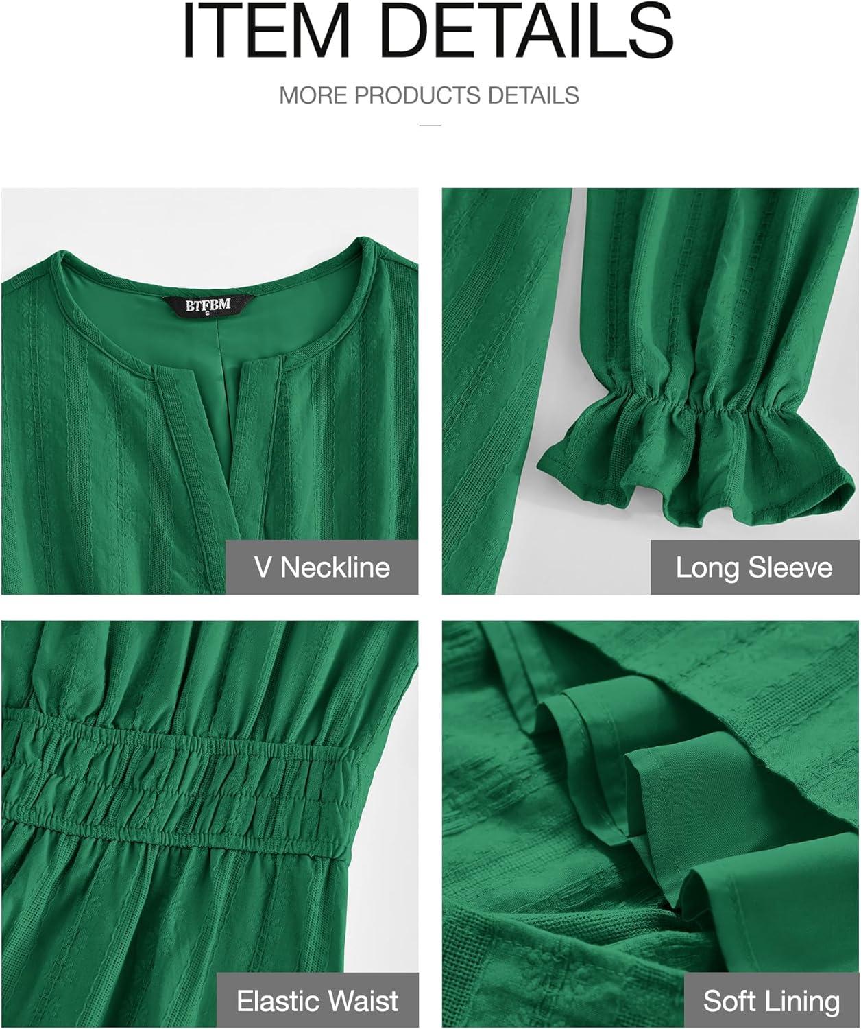 imageBTFBM Mini Dresses for Women 2025 Casual Lightweight Long Sleeve V Neck A Line Elastic Waist Party Holiday DressDark Green