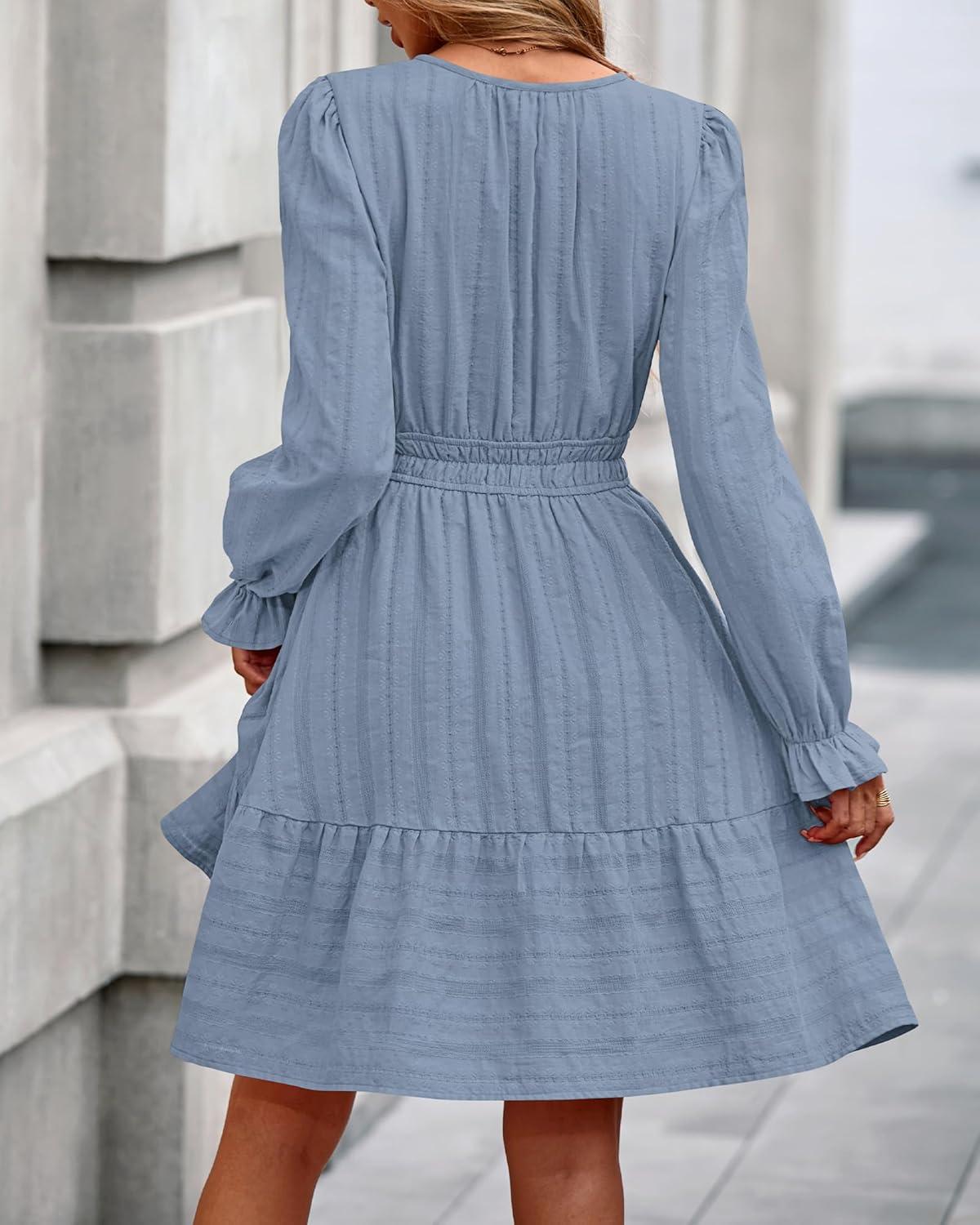 imageBTFBM Mini Dresses for Women 2025 Casual Lightweight Long Sleeve V Neck A Line Elastic Waist Party Holiday DressDusty Blue