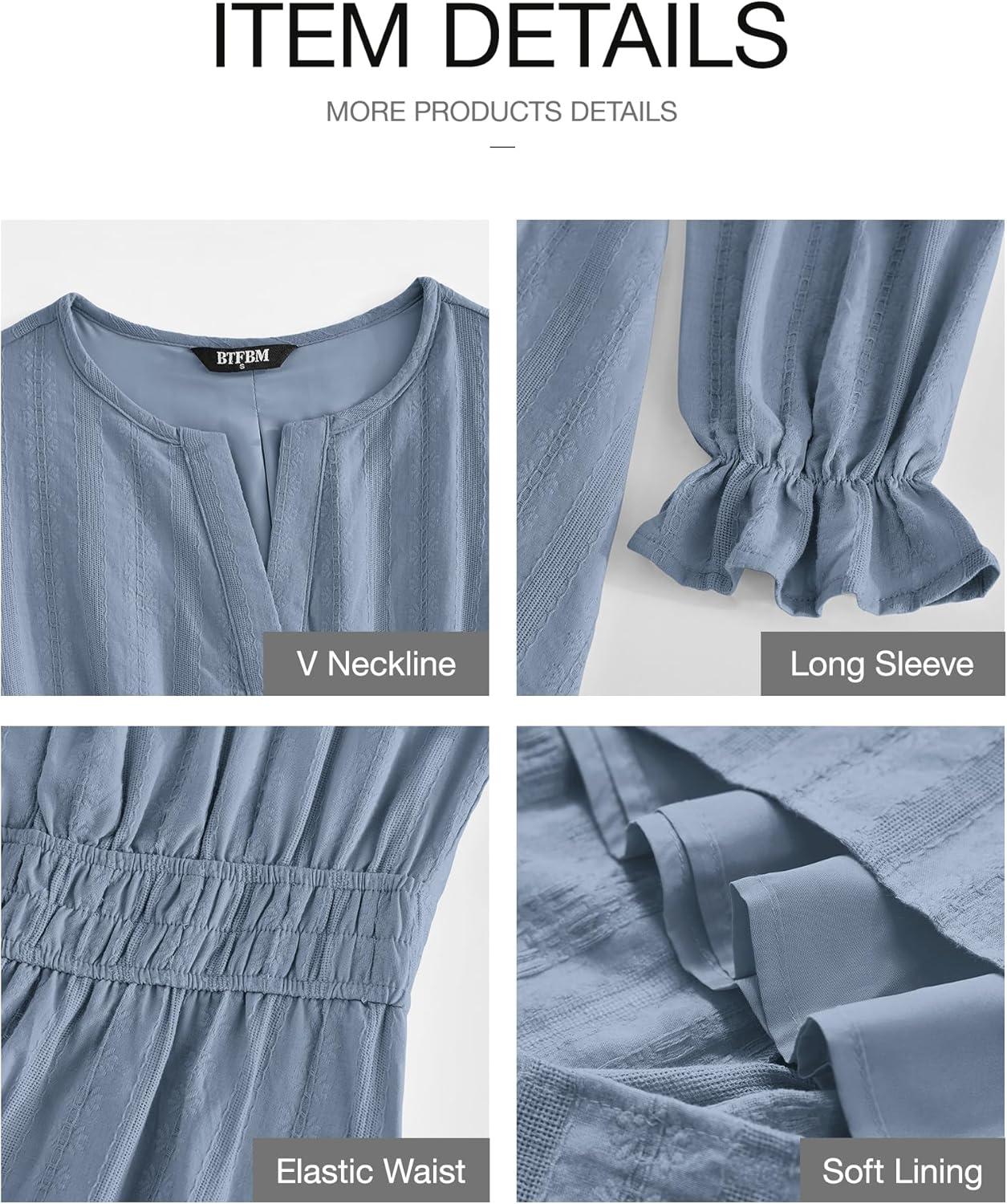 imageBTFBM Mini Dresses for Women 2025 Casual Lightweight Long Sleeve V Neck A Line Elastic Waist Party Holiday DressDusty Blue