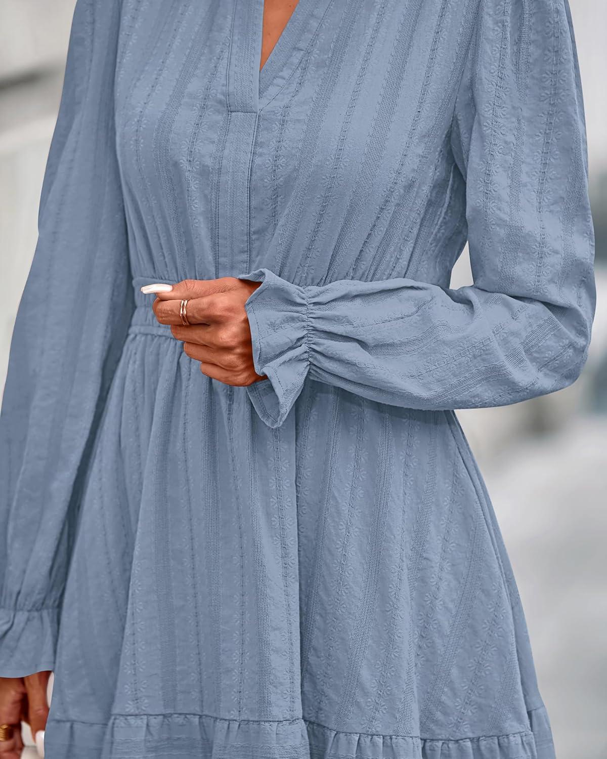 imageBTFBM Mini Dresses for Women 2025 Casual Lightweight Long Sleeve V Neck A Line Elastic Waist Party Holiday DressDusty Blue