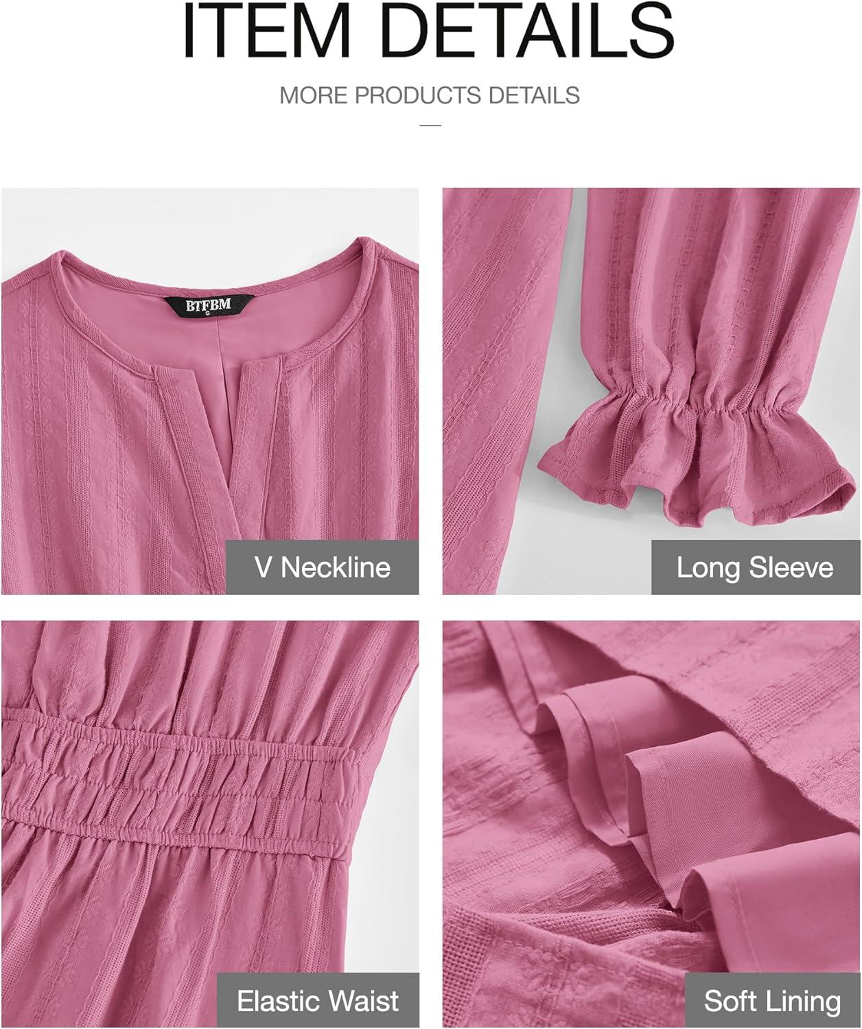 imageBTFBM Mini Dresses for Women 2025 Casual Lightweight Long Sleeve V Neck A Line Elastic Waist Party Holiday DressDusty Pink