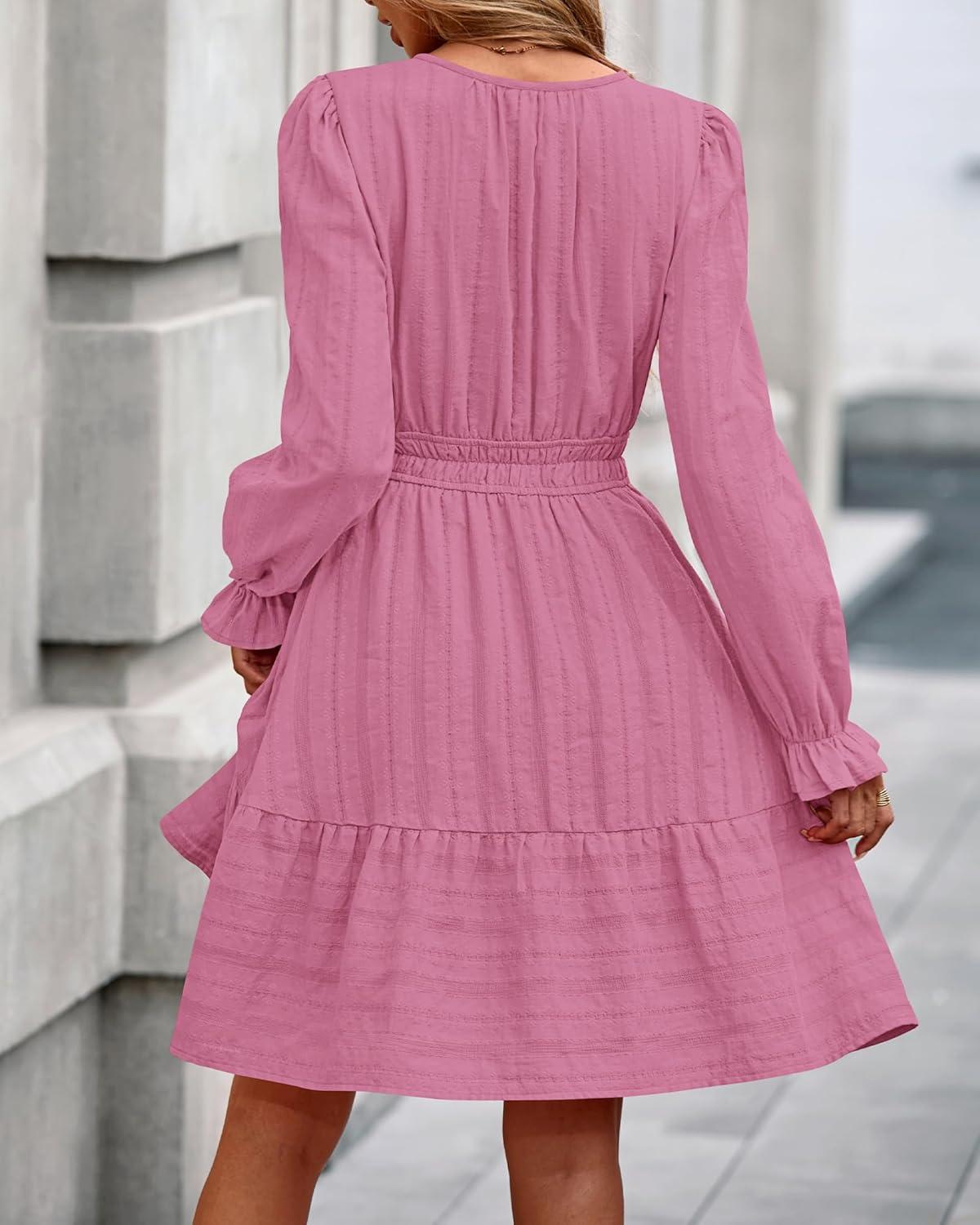 imageBTFBM Mini Dresses for Women 2025 Casual Lightweight Long Sleeve V Neck A Line Elastic Waist Party Holiday DressDusty Pink