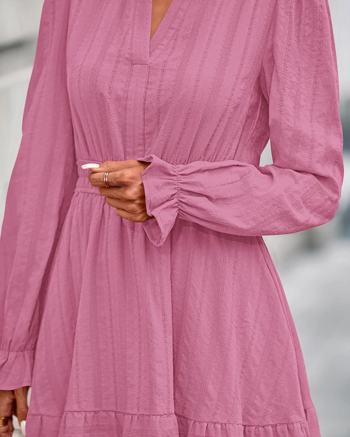imageBTFBM Mini Dresses for Women 2025 Casual Lightweight Long Sleeve V Neck A Line Elastic Waist Party Holiday DressDusty Pink