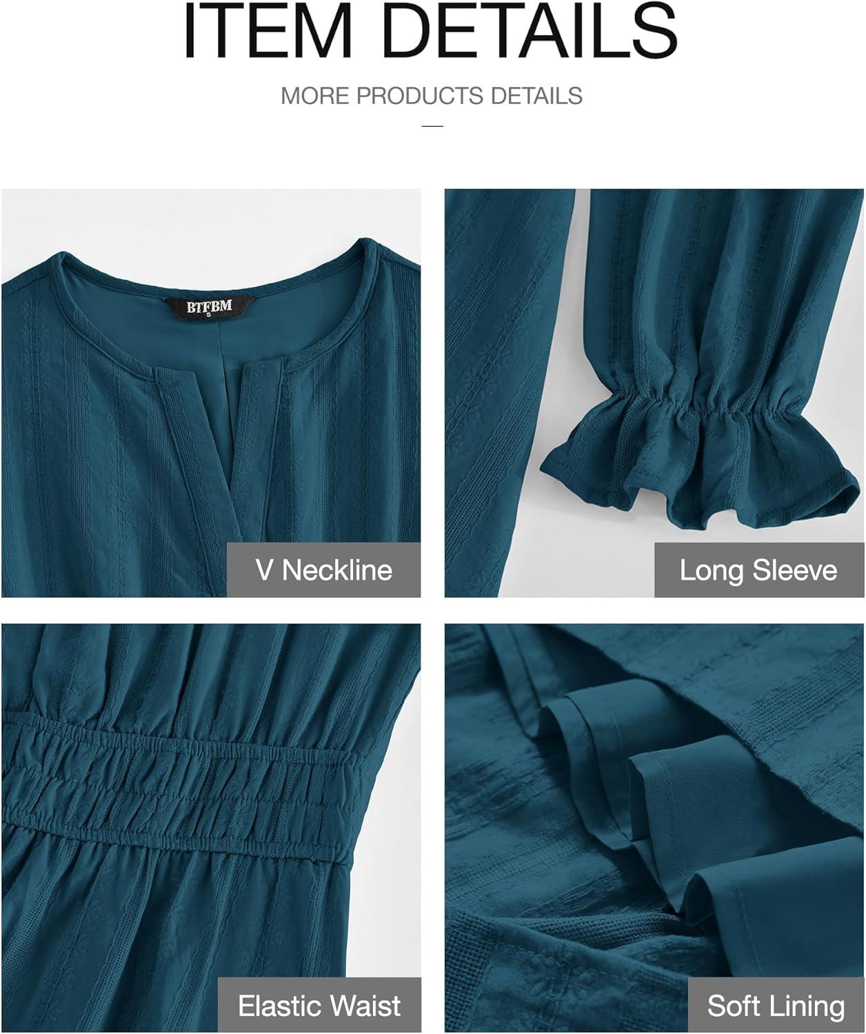 imageBTFBM Mini Dresses for Women 2025 Casual Lightweight Long Sleeve V Neck A Line Elastic Waist Party Holiday DressLake Blue