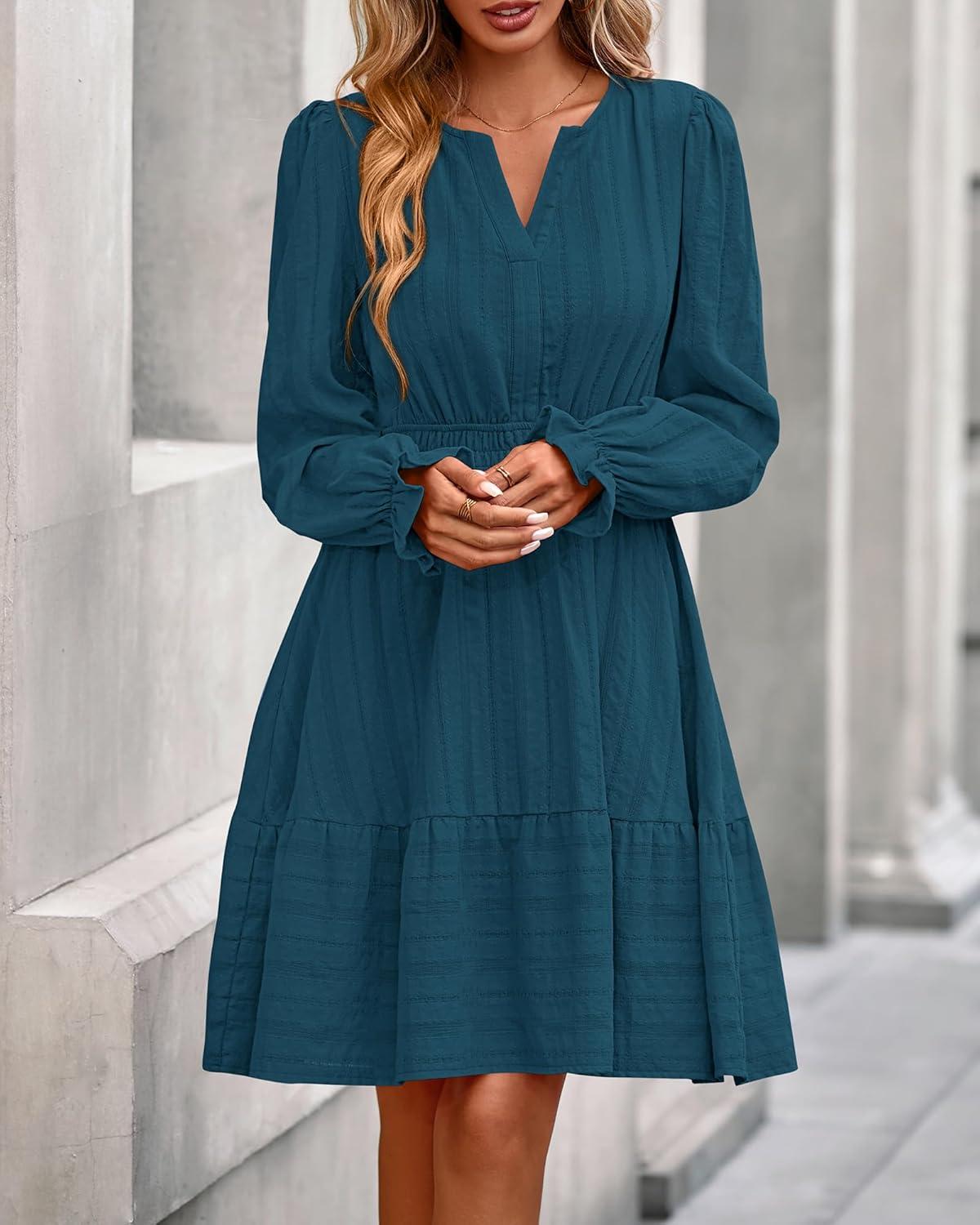 imageBTFBM Mini Dresses for Women 2025 Casual Lightweight Long Sleeve V Neck A Line Elastic Waist Party Holiday DressLake Blue