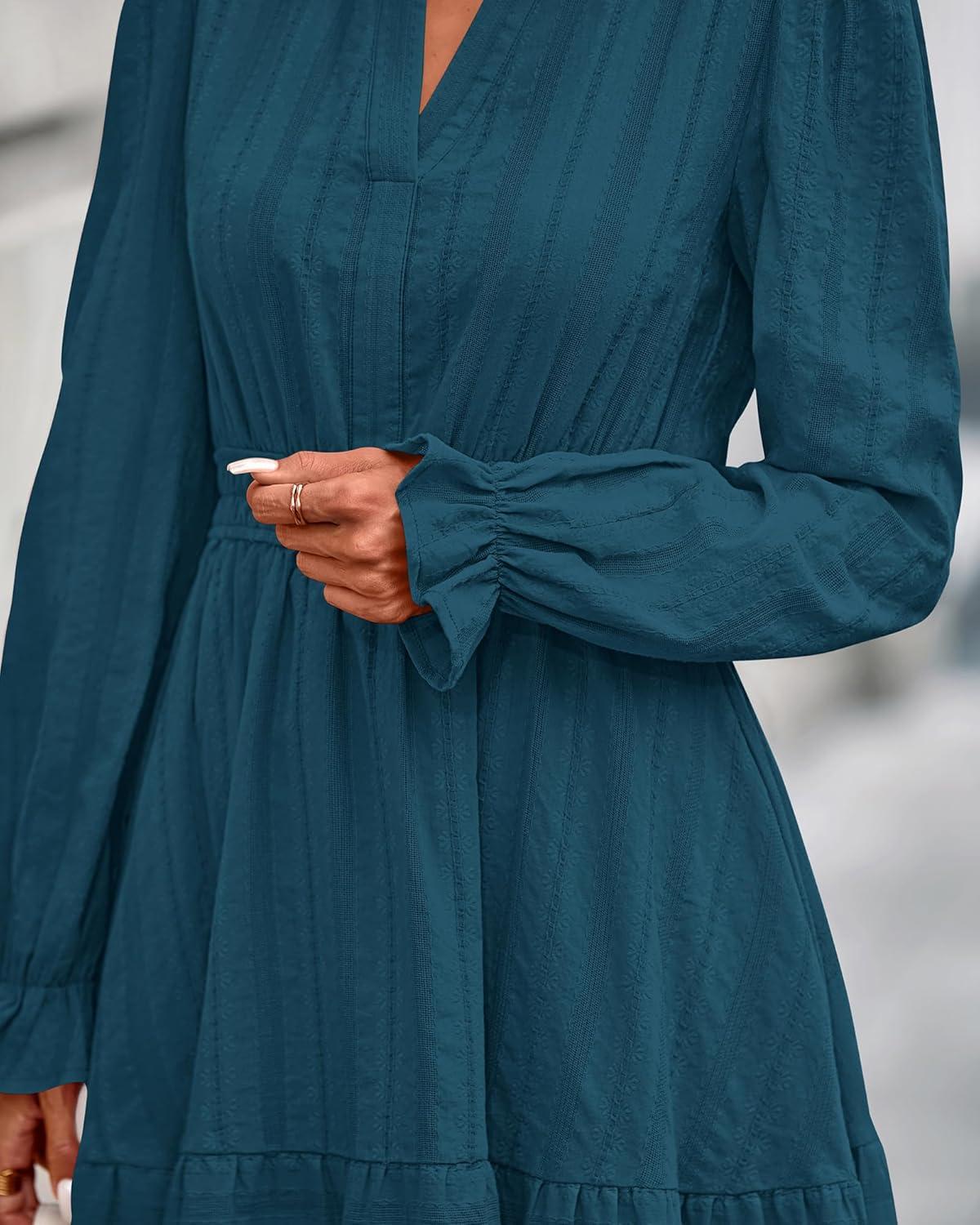 imageBTFBM Mini Dresses for Women 2025 Casual Lightweight Long Sleeve V Neck A Line Elastic Waist Party Holiday DressLake Blue
