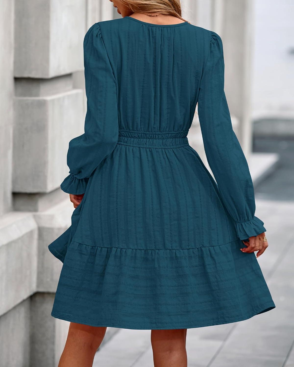 imageBTFBM Mini Dresses for Women 2025 Casual Lightweight Long Sleeve V Neck A Line Elastic Waist Party Holiday DressLake Blue