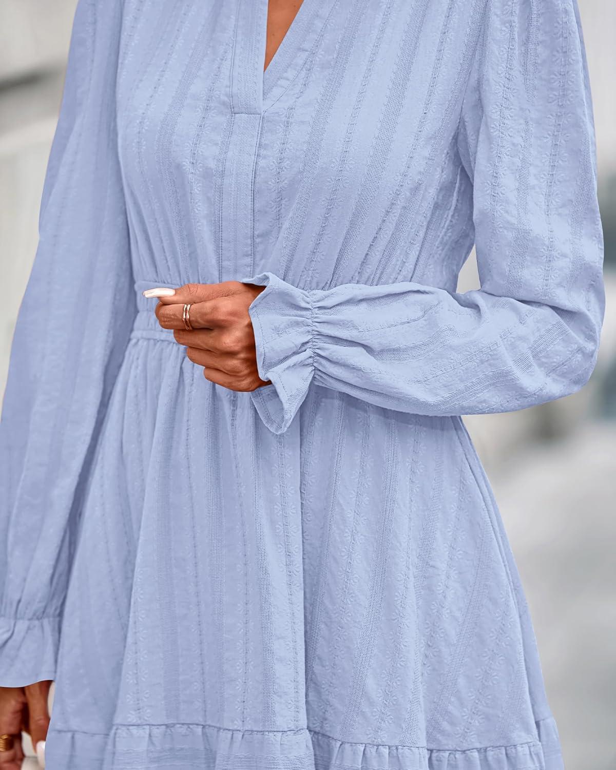imageBTFBM Mini Dresses for Women 2025 Casual Lightweight Long Sleeve V Neck A Line Elastic Waist Party Holiday DressLight Blue