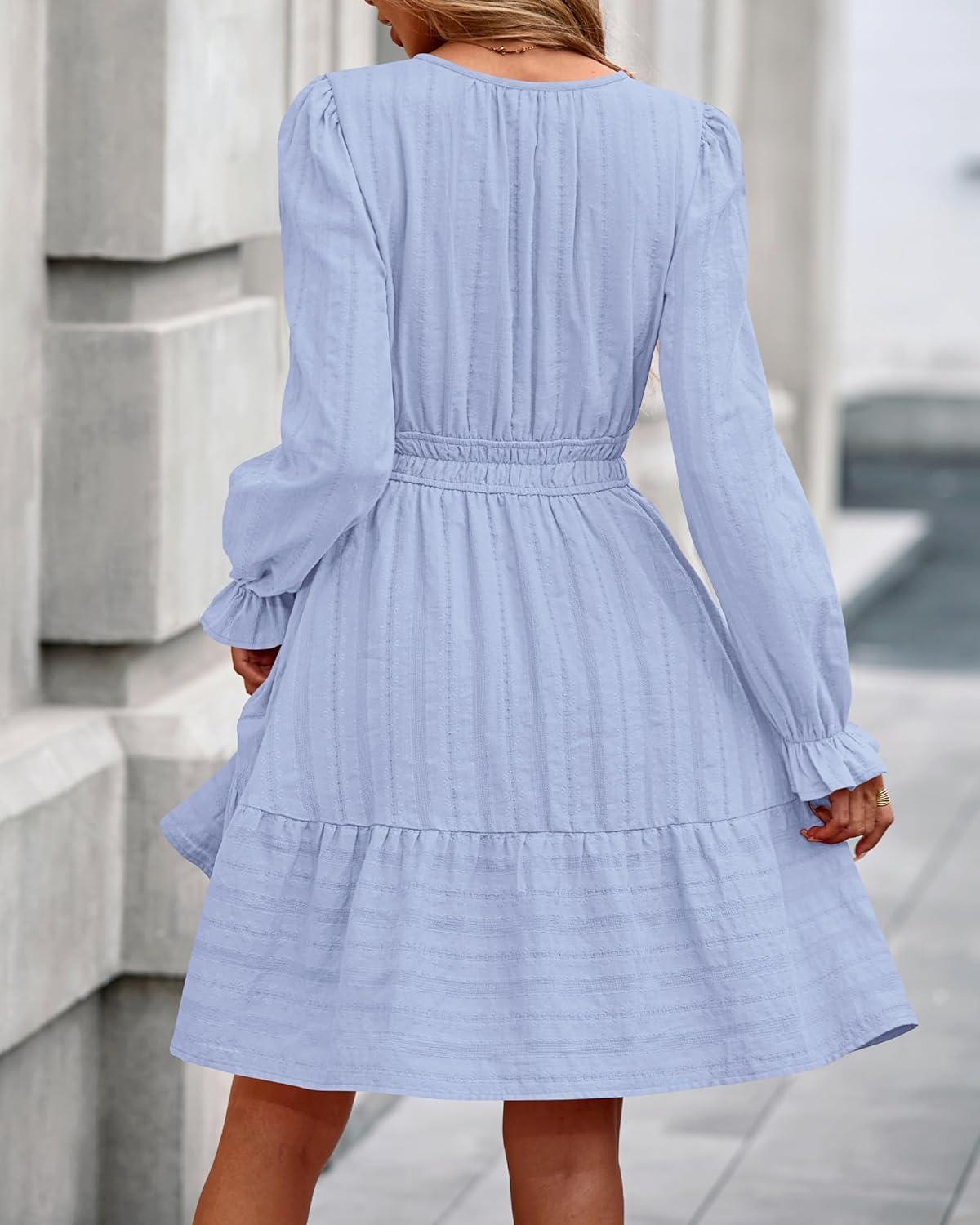 imageBTFBM Mini Dresses for Women 2025 Casual Lightweight Long Sleeve V Neck A Line Elastic Waist Party Holiday DressLight Blue