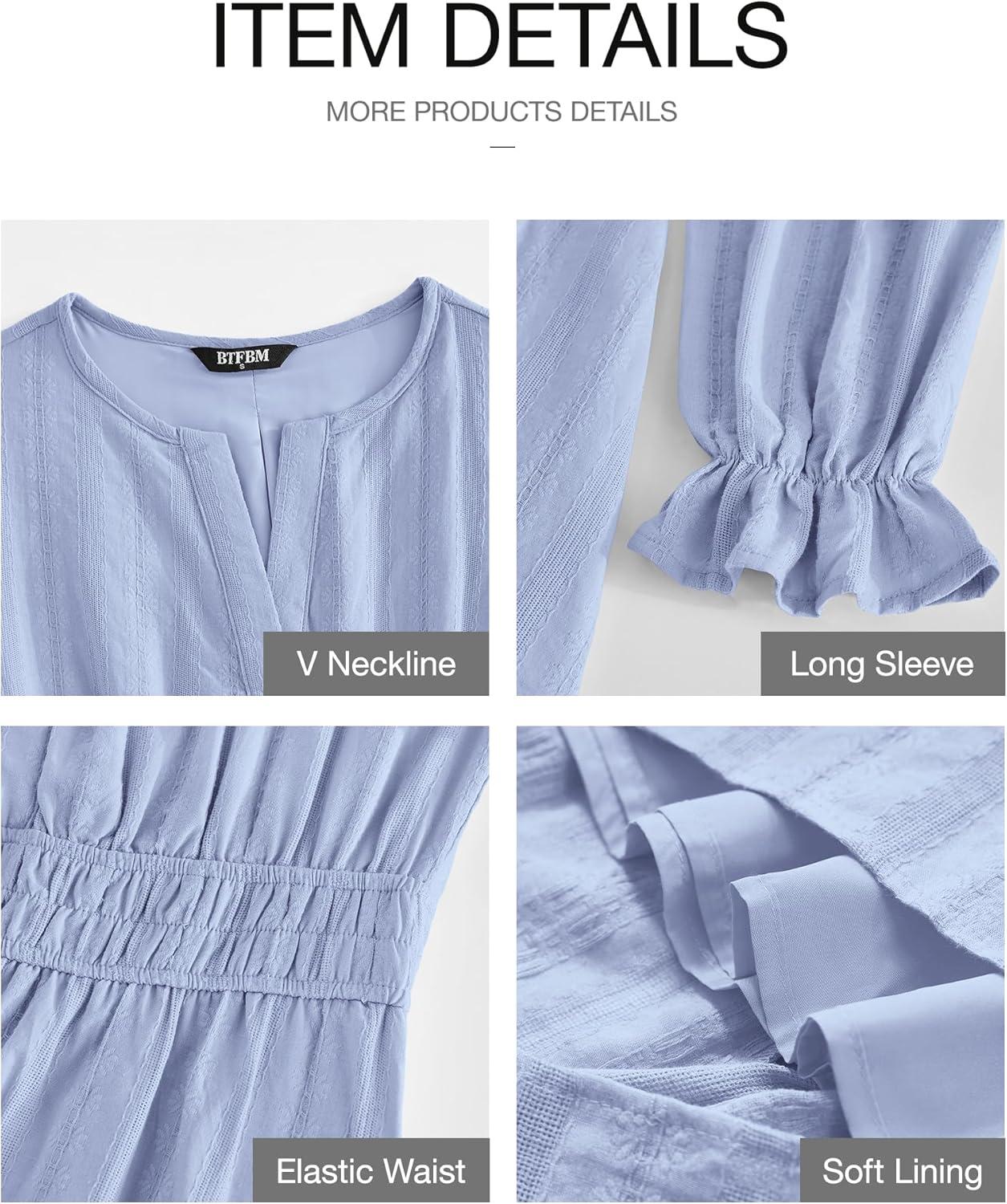 imageBTFBM Mini Dresses for Women 2025 Casual Lightweight Long Sleeve V Neck A Line Elastic Waist Party Holiday DressLight Blue