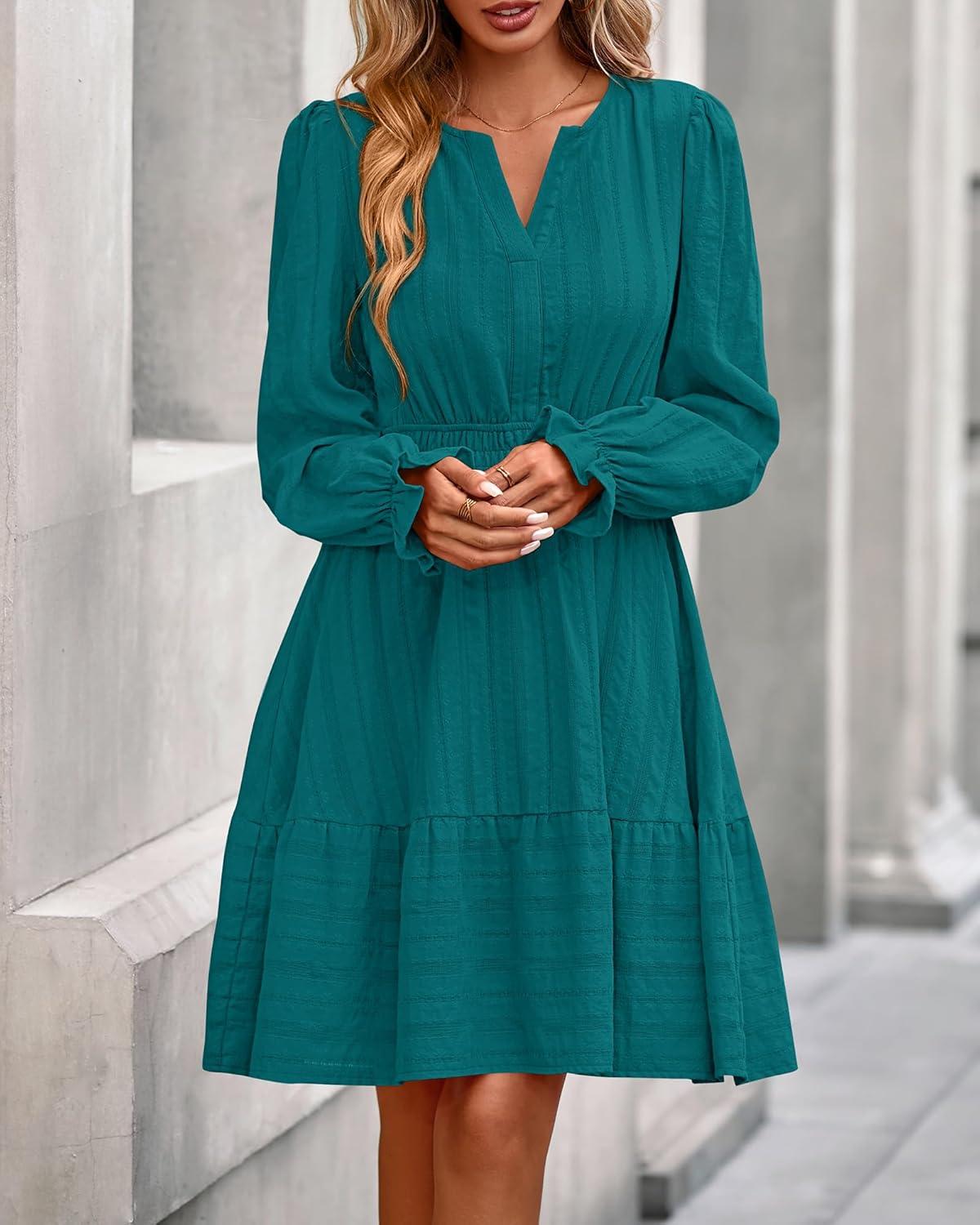 imageBTFBM Mini Dresses for Women 2025 Casual Lightweight Long Sleeve V Neck A Line Elastic Waist Party Holiday DressMalachite Green