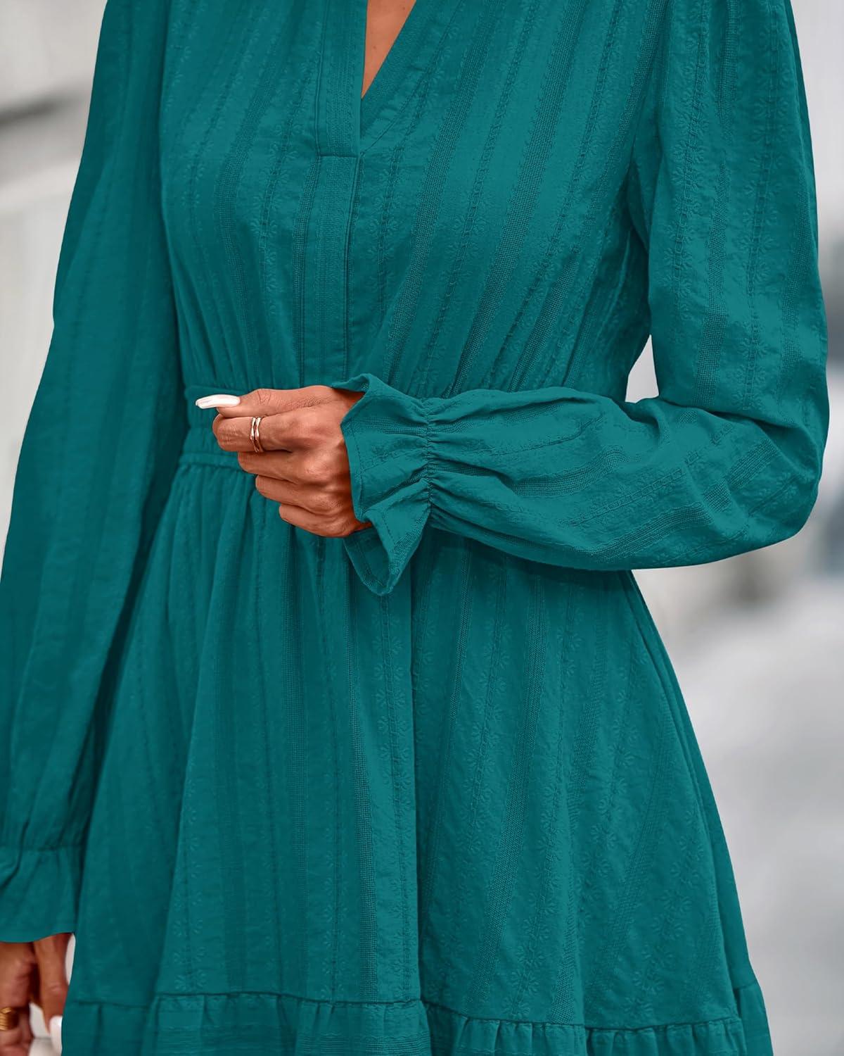 imageBTFBM Mini Dresses for Women 2025 Casual Lightweight Long Sleeve V Neck A Line Elastic Waist Party Holiday DressMalachite Green