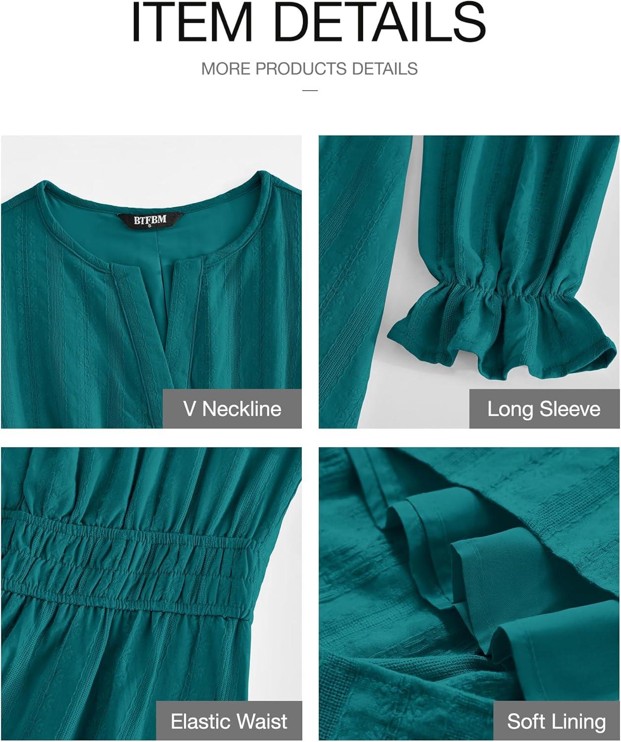 imageBTFBM Mini Dresses for Women 2025 Casual Lightweight Long Sleeve V Neck A Line Elastic Waist Party Holiday DressMalachite Green
