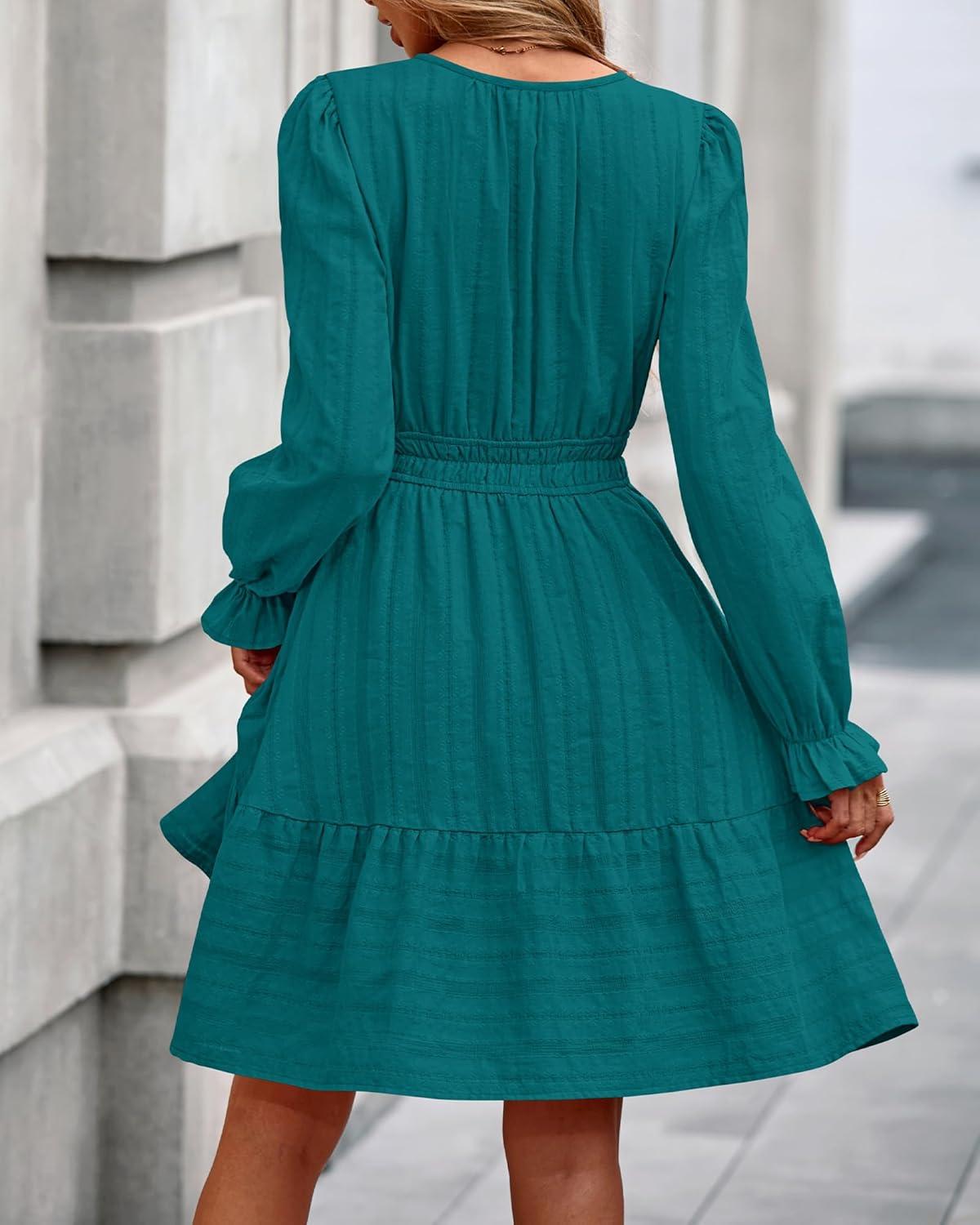 imageBTFBM Mini Dresses for Women 2025 Casual Lightweight Long Sleeve V Neck A Line Elastic Waist Party Holiday DressMalachite Green