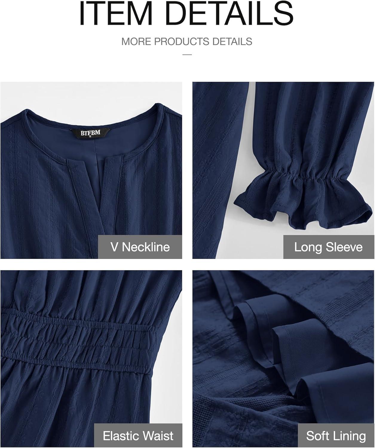 imageBTFBM Mini Dresses for Women 2025 Casual Lightweight Long Sleeve V Neck A Line Elastic Waist Party Holiday DressNavy