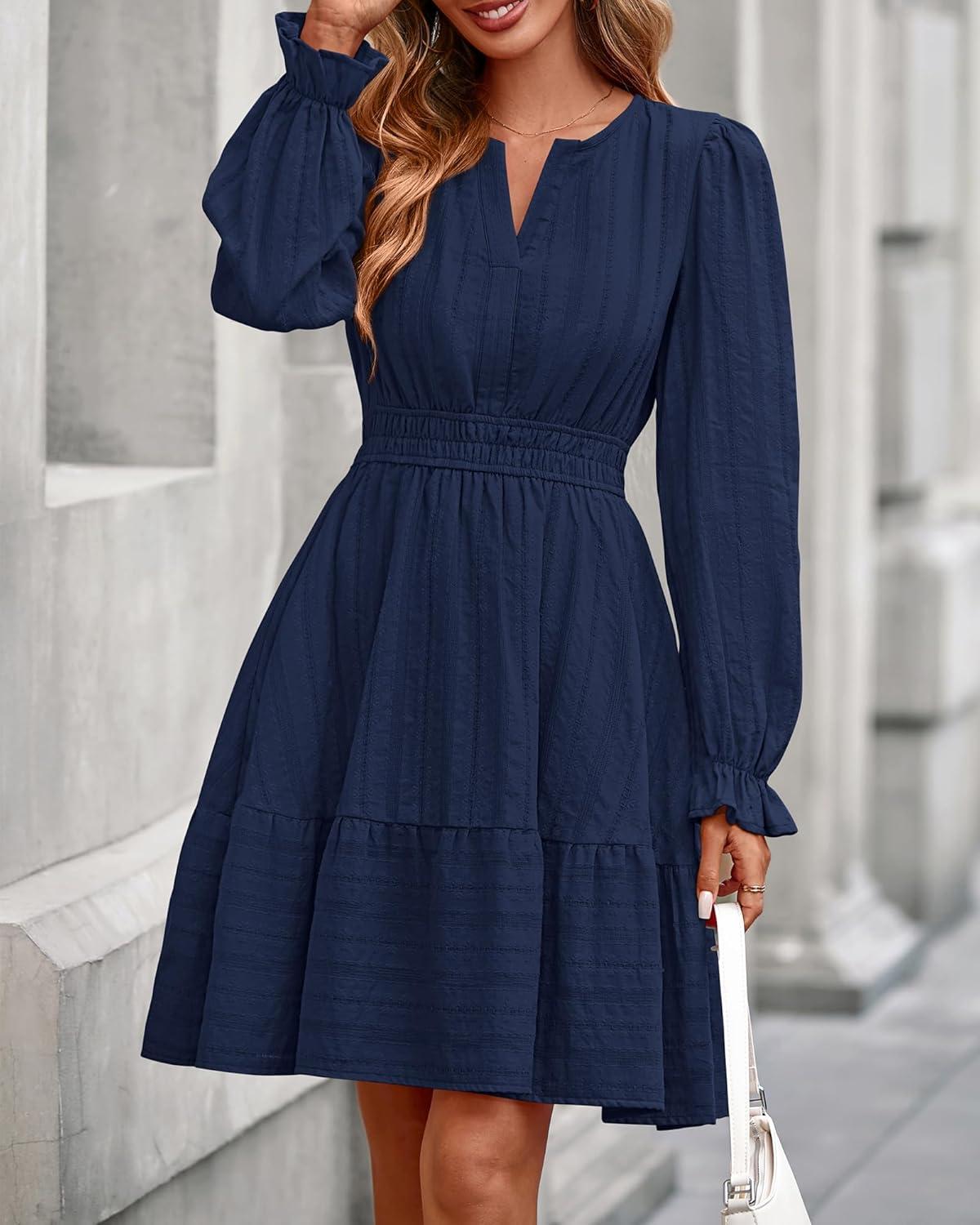 imageBTFBM Mini Dresses for Women 2025 Casual Lightweight Long Sleeve V Neck A Line Elastic Waist Party Holiday DressNavy