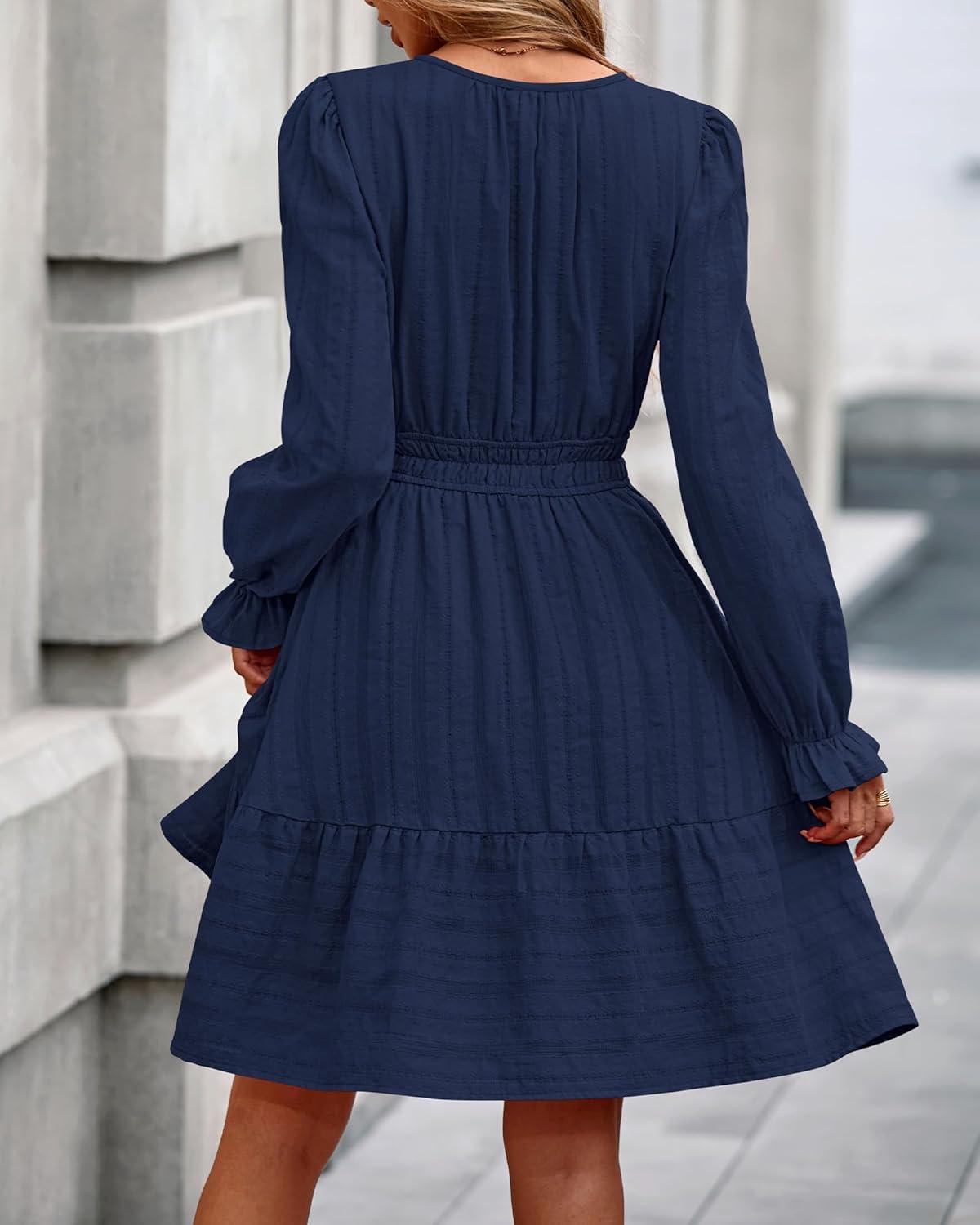 imageBTFBM Mini Dresses for Women 2025 Casual Lightweight Long Sleeve V Neck A Line Elastic Waist Party Holiday DressNavy