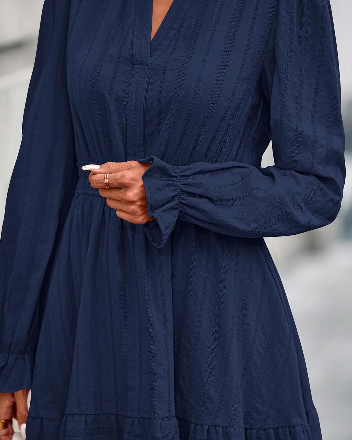 imageBTFBM Mini Dresses for Women 2025 Casual Lightweight Long Sleeve V Neck A Line Elastic Waist Party Holiday DressNavy