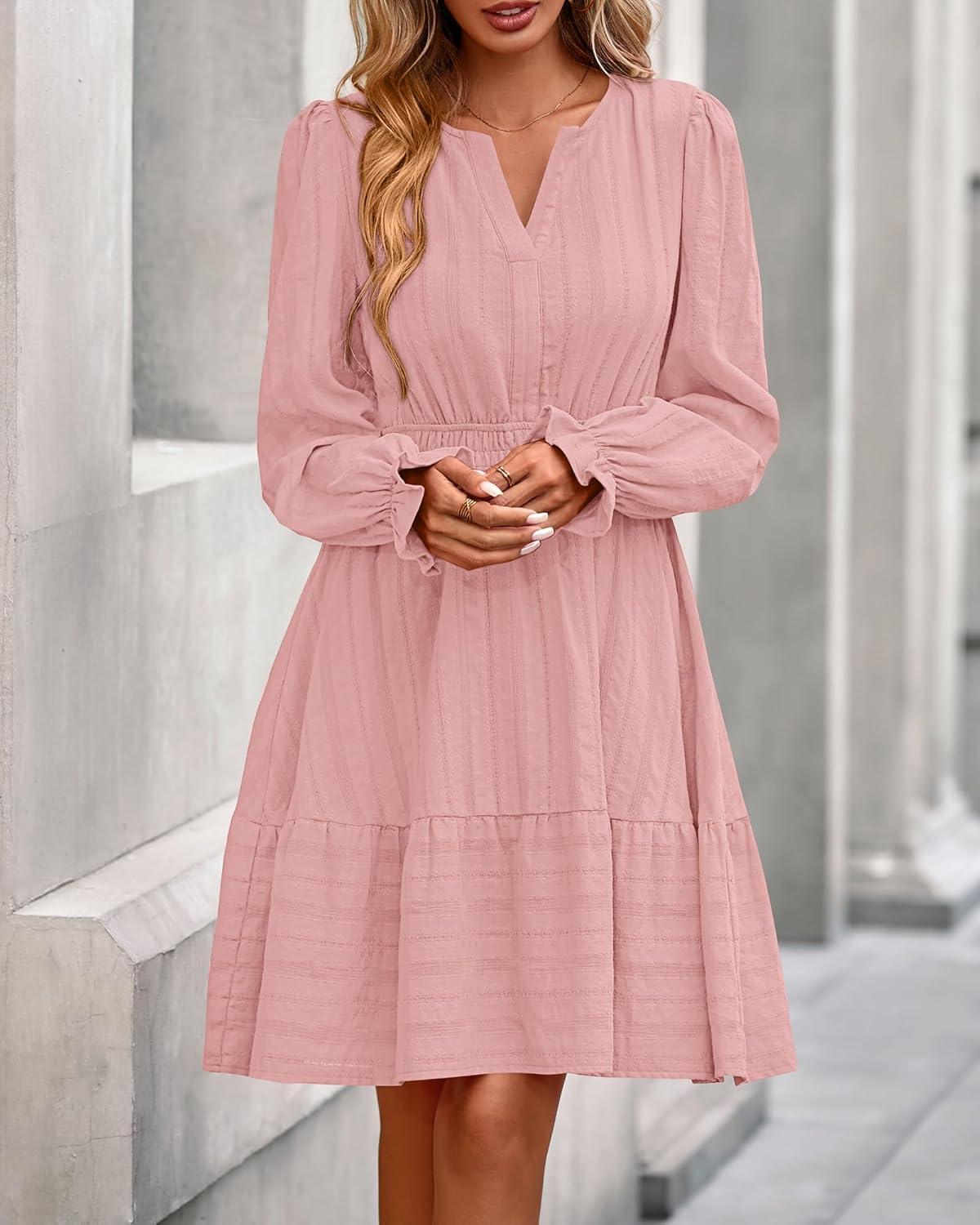 imageBTFBM Mini Dresses for Women 2025 Casual Lightweight Long Sleeve V Neck A Line Elastic Waist Party Holiday DressPink