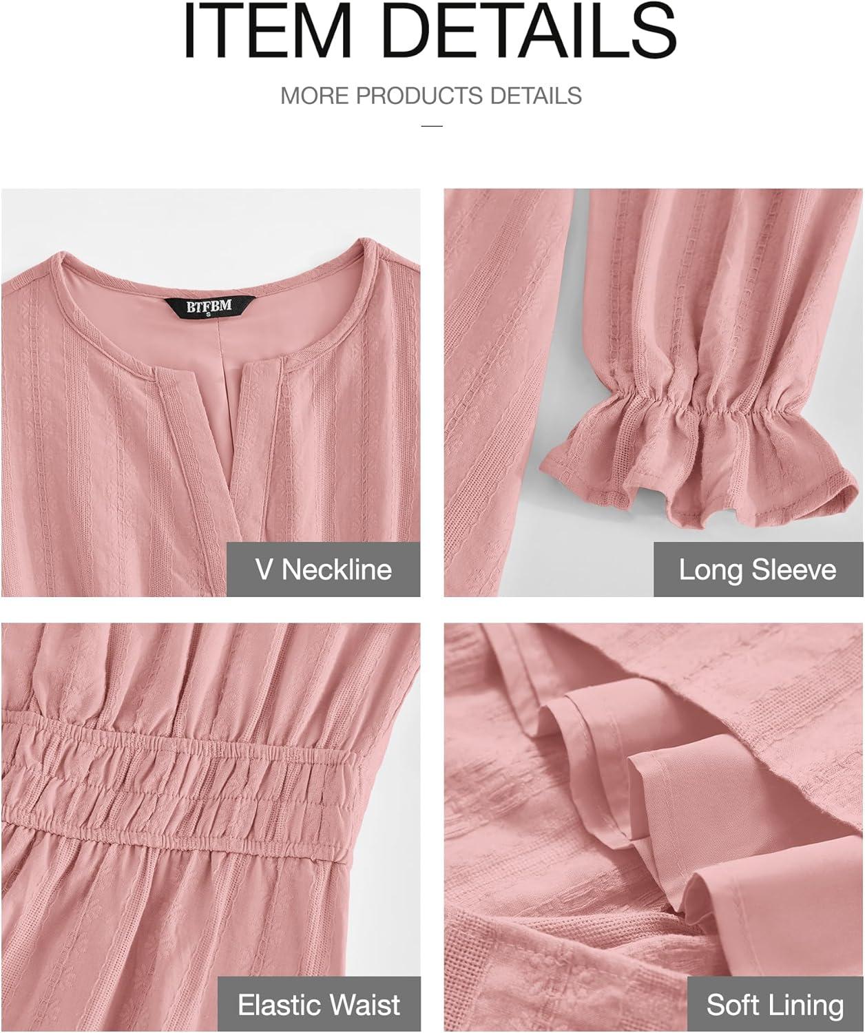 imageBTFBM Mini Dresses for Women 2025 Casual Lightweight Long Sleeve V Neck A Line Elastic Waist Party Holiday DressPink
