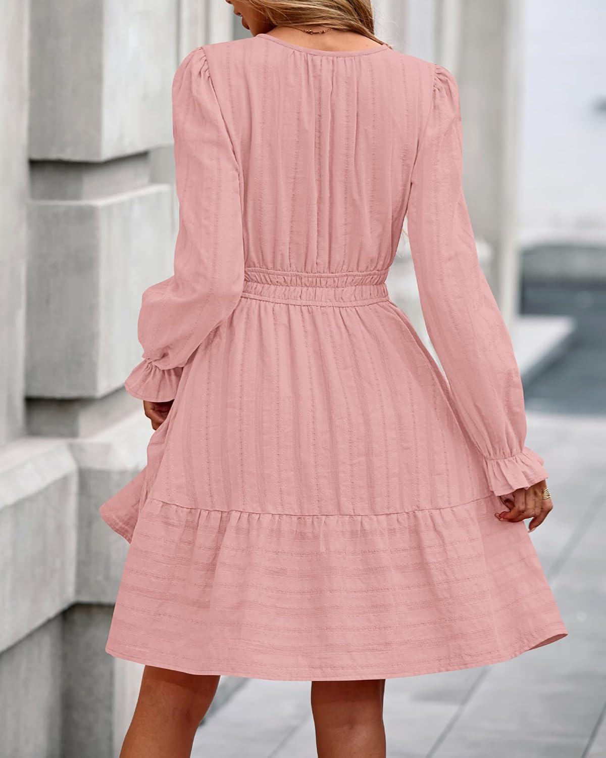 imageBTFBM Mini Dresses for Women 2025 Casual Lightweight Long Sleeve V Neck A Line Elastic Waist Party Holiday DressPink