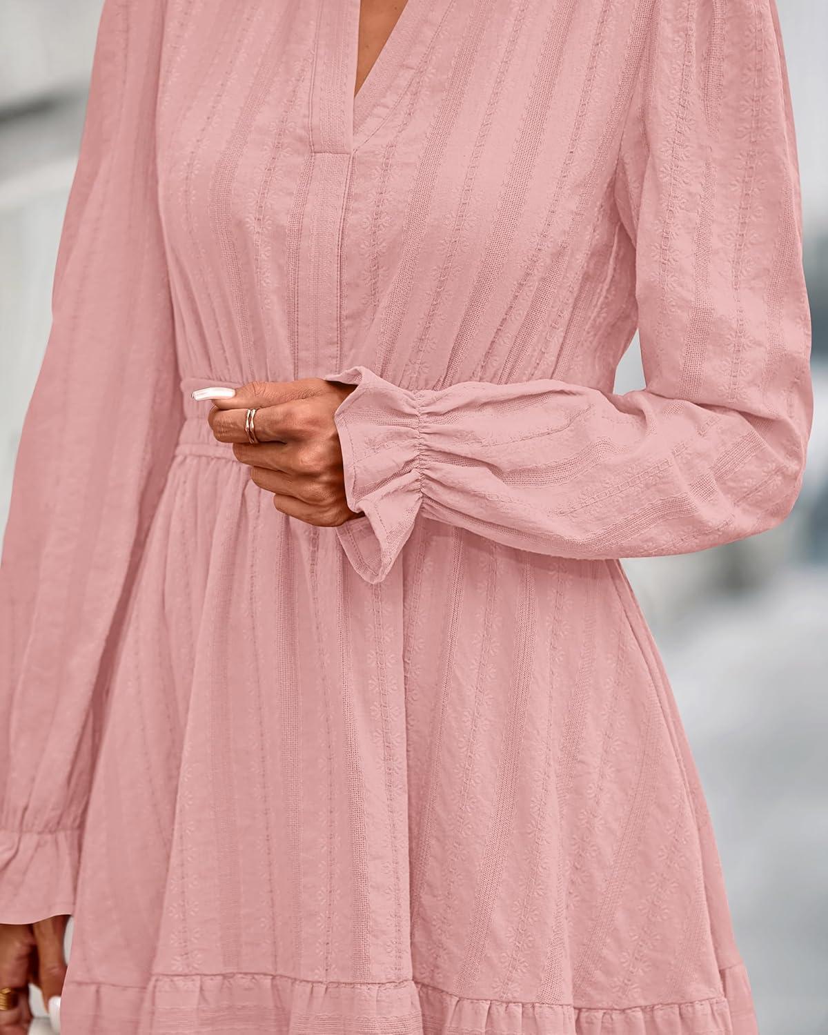 imageBTFBM Mini Dresses for Women 2025 Casual Lightweight Long Sleeve V Neck A Line Elastic Waist Party Holiday DressPink