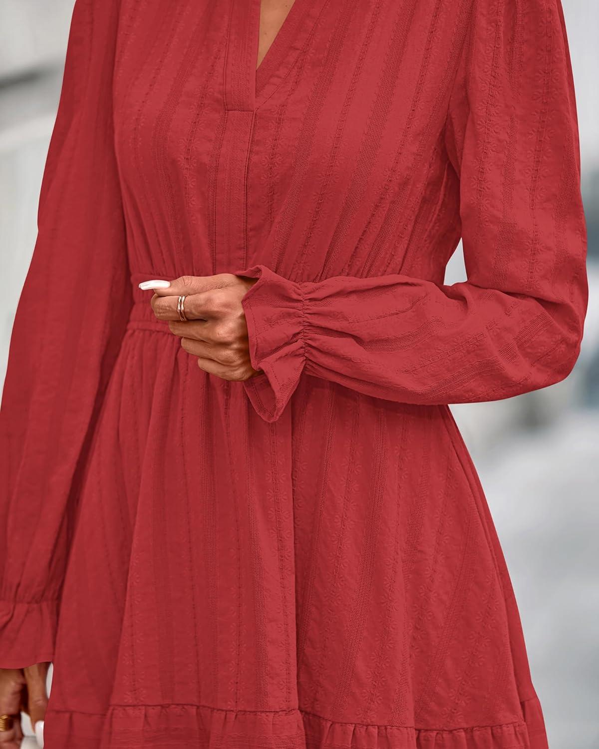 imageBTFBM Mini Dresses for Women 2025 Casual Lightweight Long Sleeve V Neck A Line Elastic Waist Party Holiday DressRed