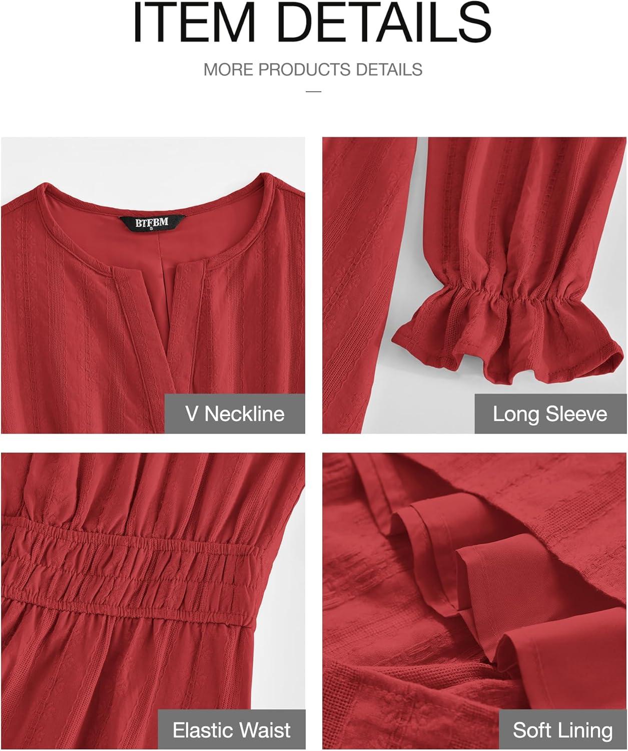 imageBTFBM Mini Dresses for Women 2025 Casual Lightweight Long Sleeve V Neck A Line Elastic Waist Party Holiday DressRed