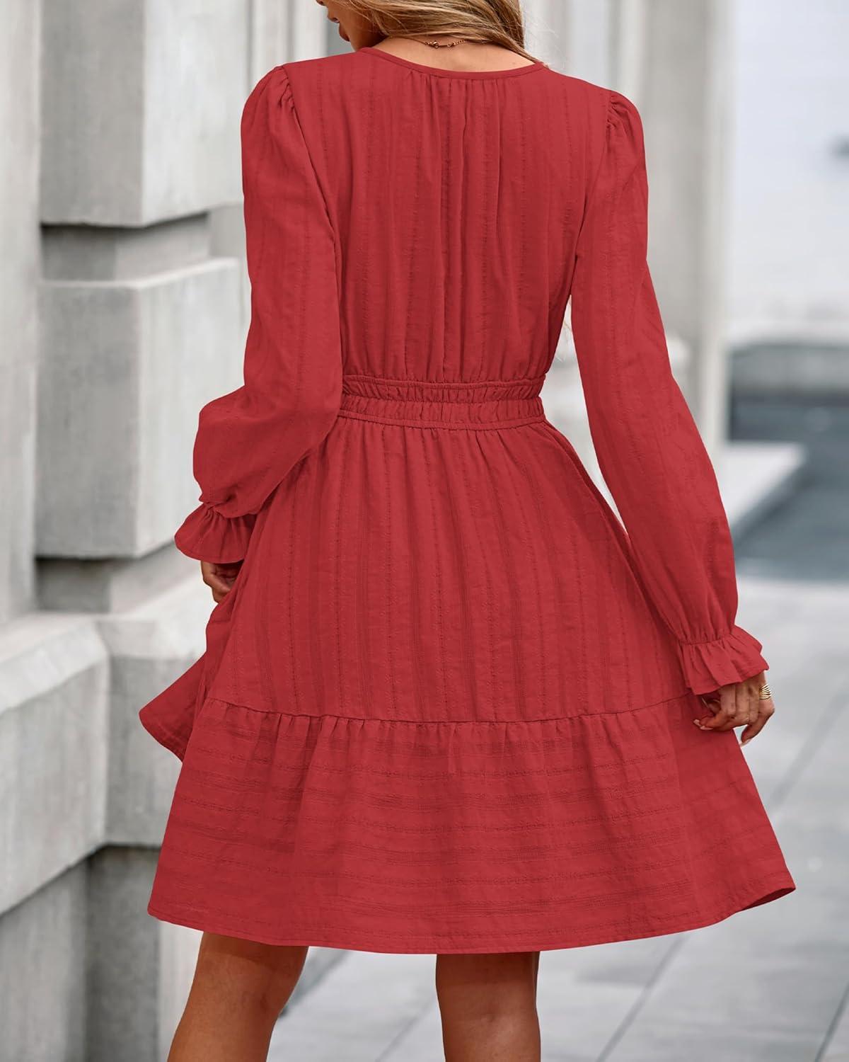 imageBTFBM Mini Dresses for Women 2025 Casual Lightweight Long Sleeve V Neck A Line Elastic Waist Party Holiday DressRed