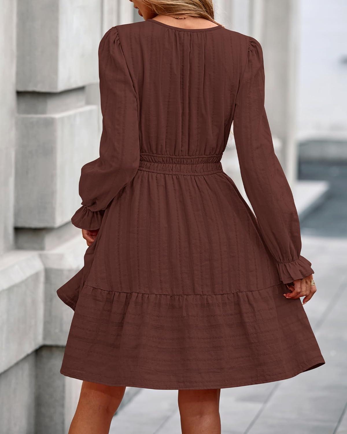 imageBTFBM Mini Dresses for Women 2025 Casual Lightweight Long Sleeve V Neck A Line Elastic Waist Party Holiday DressRed Brown