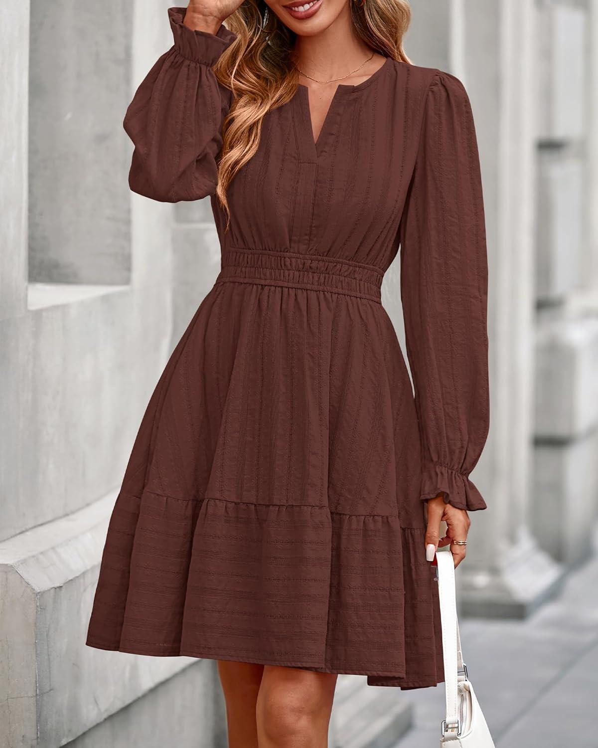 imageBTFBM Mini Dresses for Women 2025 Casual Lightweight Long Sleeve V Neck A Line Elastic Waist Party Holiday DressRed Brown