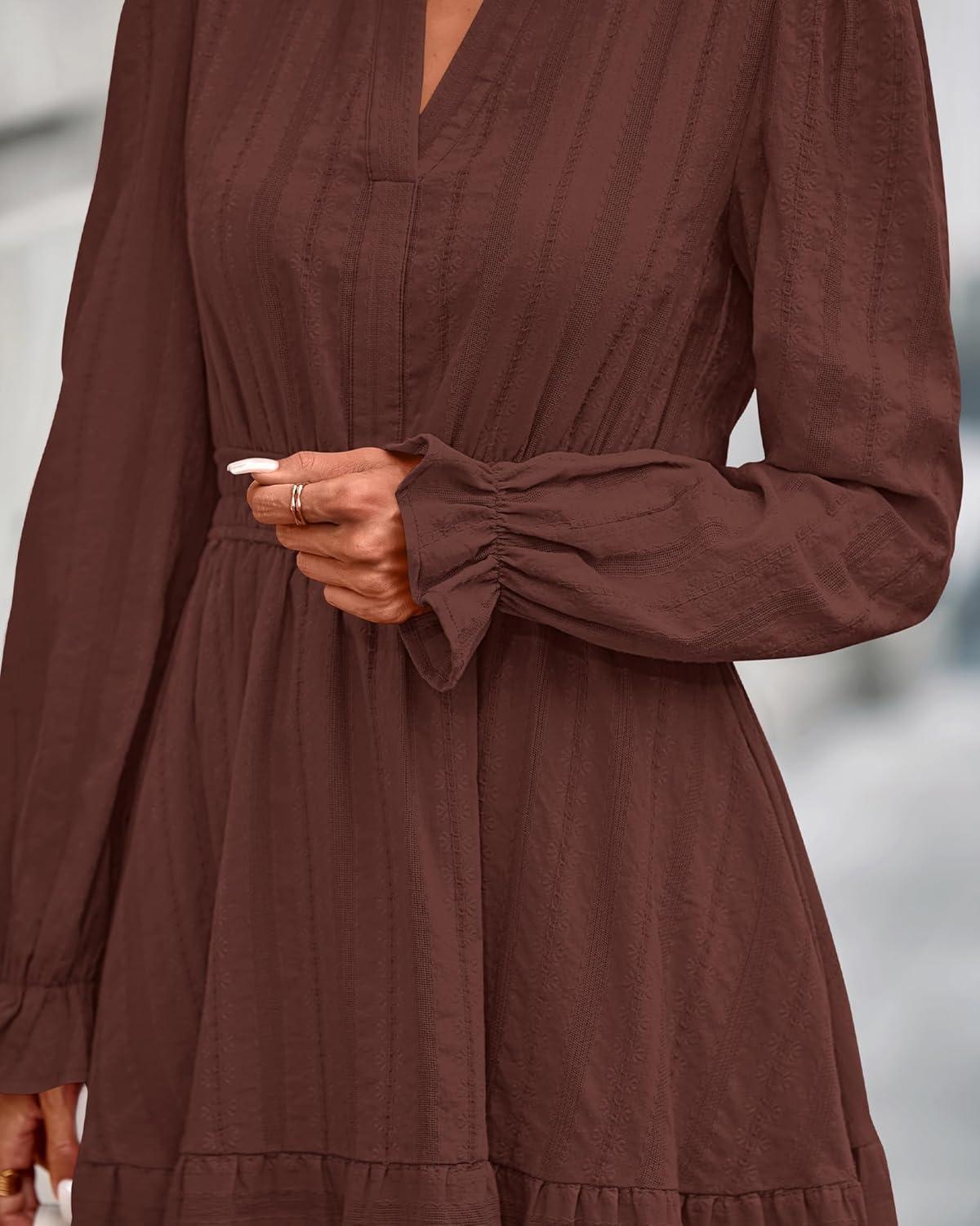 imageBTFBM Mini Dresses for Women 2025 Casual Lightweight Long Sleeve V Neck A Line Elastic Waist Party Holiday DressRed Brown