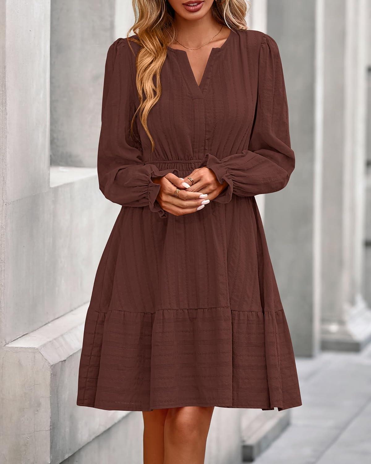 imageBTFBM Mini Dresses for Women 2025 Casual Lightweight Long Sleeve V Neck A Line Elastic Waist Party Holiday DressRed Brown