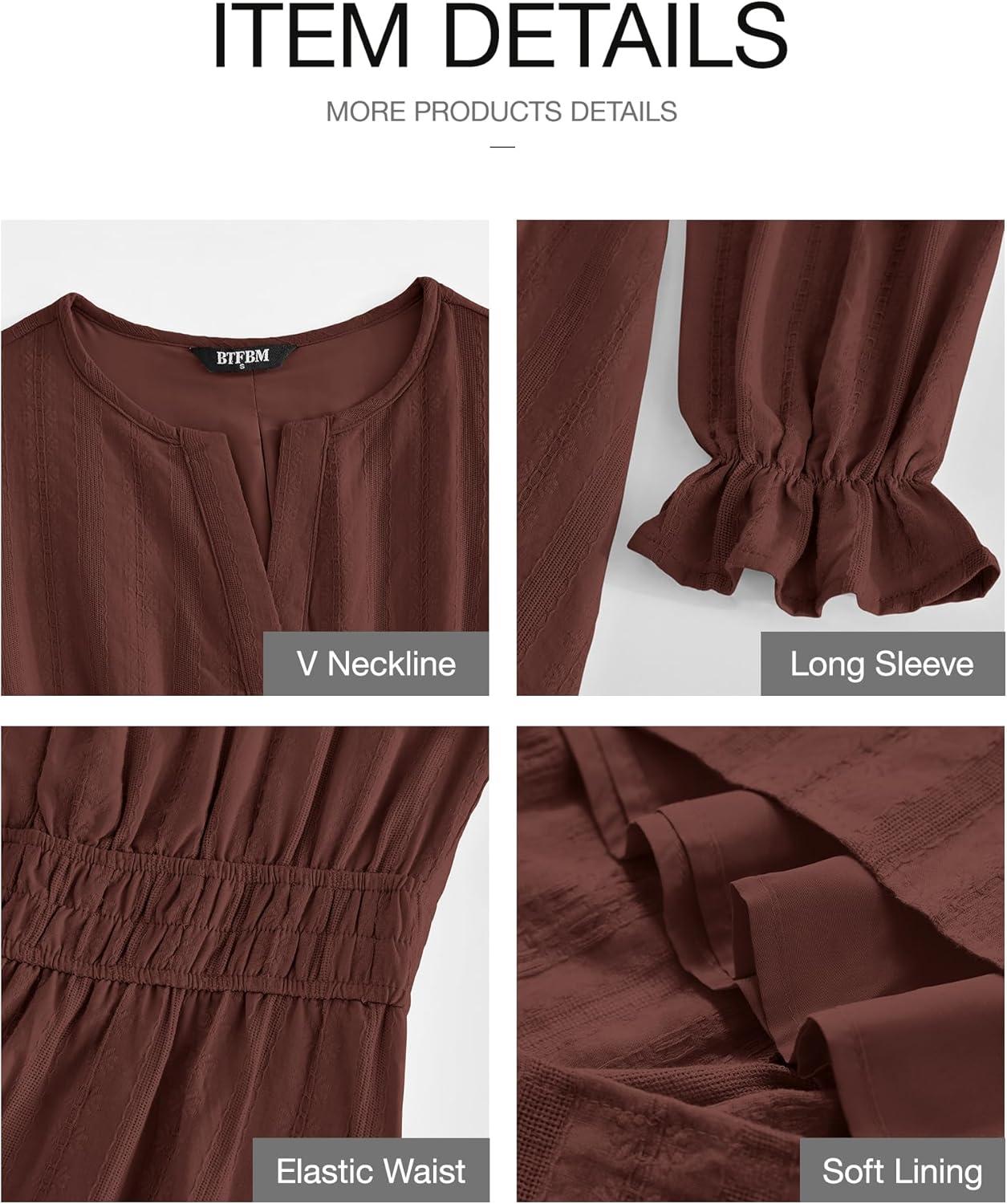 imageBTFBM Mini Dresses for Women 2025 Casual Lightweight Long Sleeve V Neck A Line Elastic Waist Party Holiday DressRed Brown