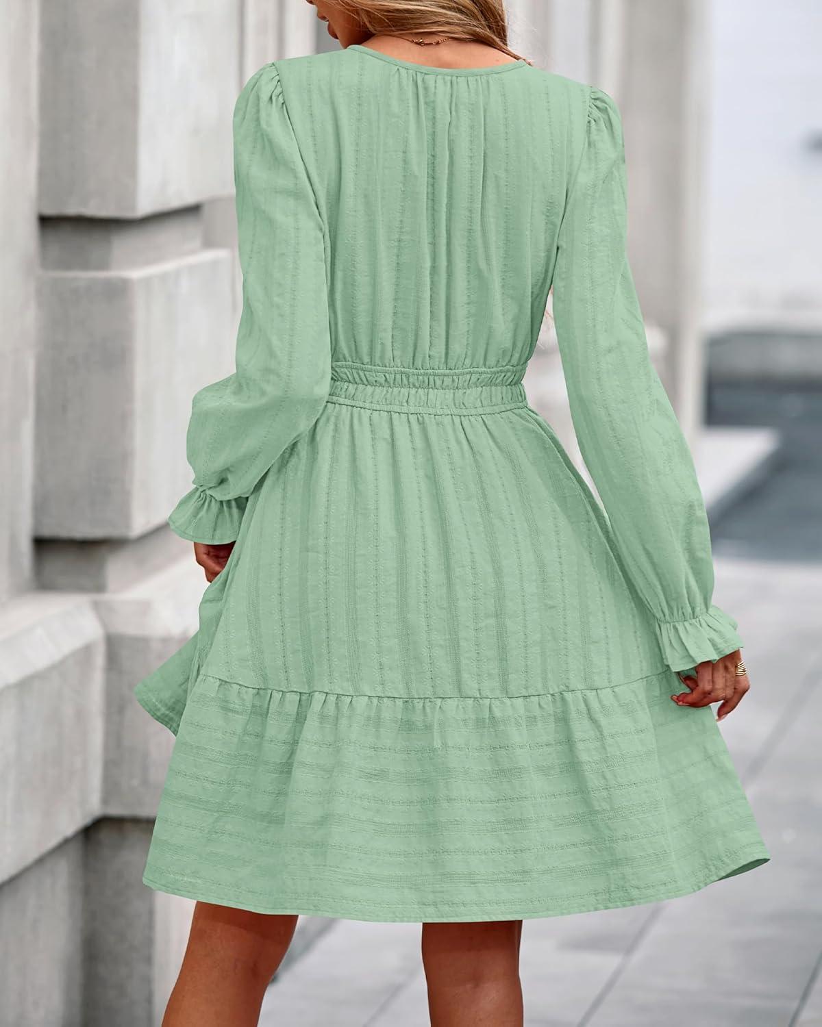 imageBTFBM Mini Dresses for Women 2025 Casual Lightweight Long Sleeve V Neck A Line Elastic Waist Party Holiday DressSage Green