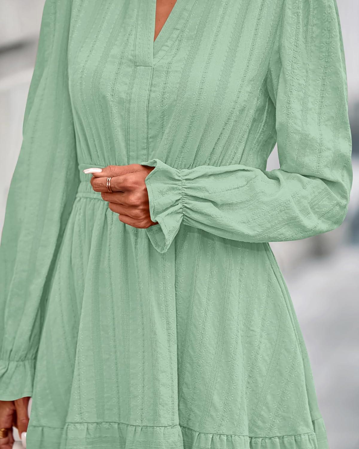 imageBTFBM Mini Dresses for Women 2025 Casual Lightweight Long Sleeve V Neck A Line Elastic Waist Party Holiday DressSage Green