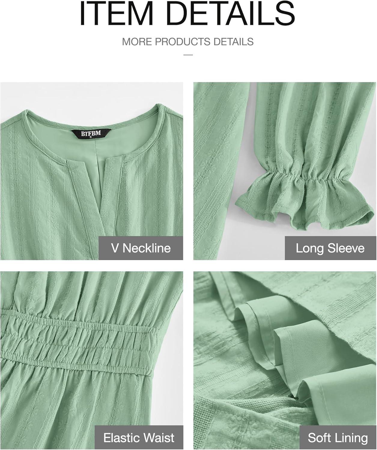 imageBTFBM Mini Dresses for Women 2025 Casual Lightweight Long Sleeve V Neck A Line Elastic Waist Party Holiday DressSage Green