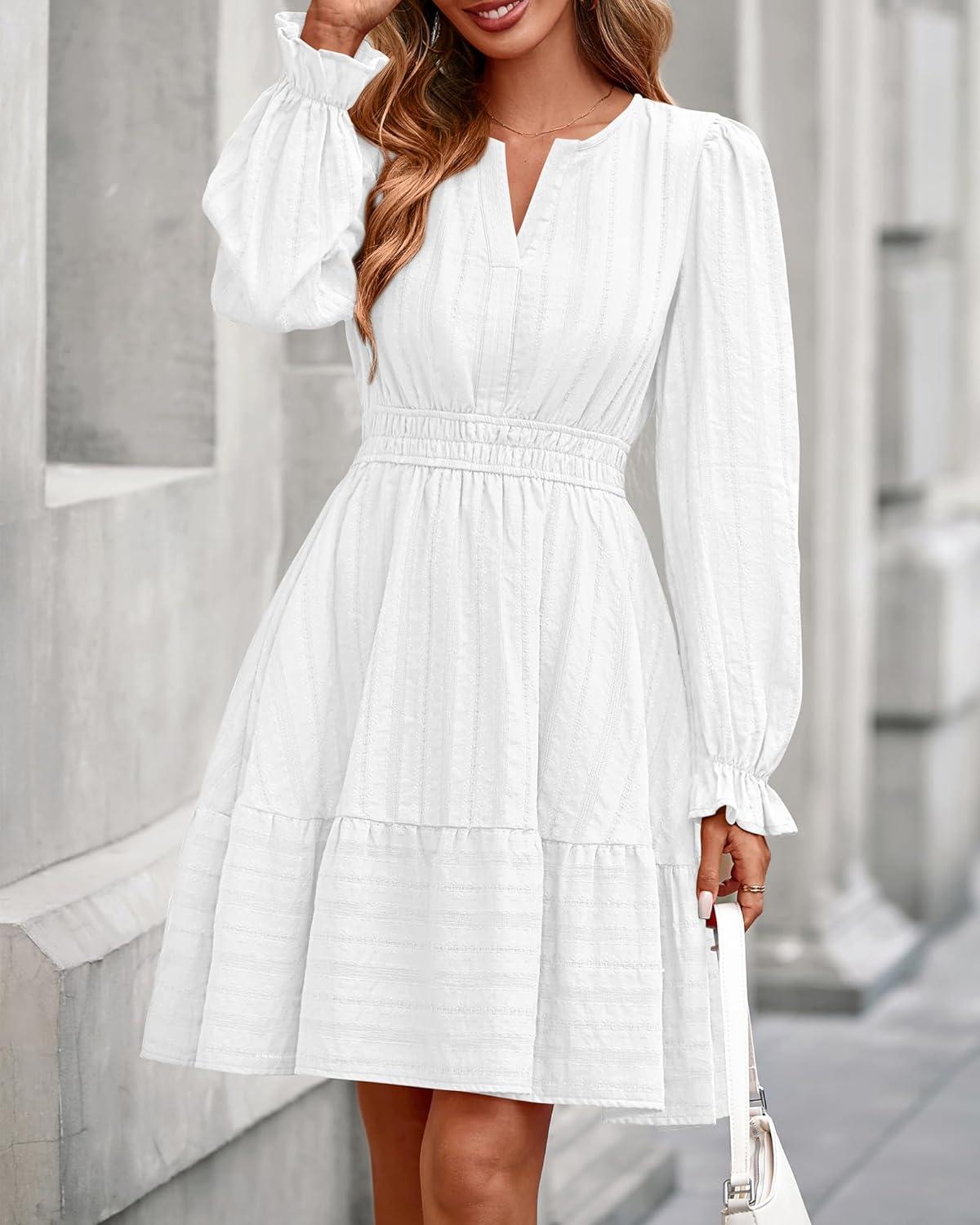 imageBTFBM Mini Dresses for Women 2025 Casual Lightweight Long Sleeve V Neck A Line Elastic Waist Party Holiday DressWhite