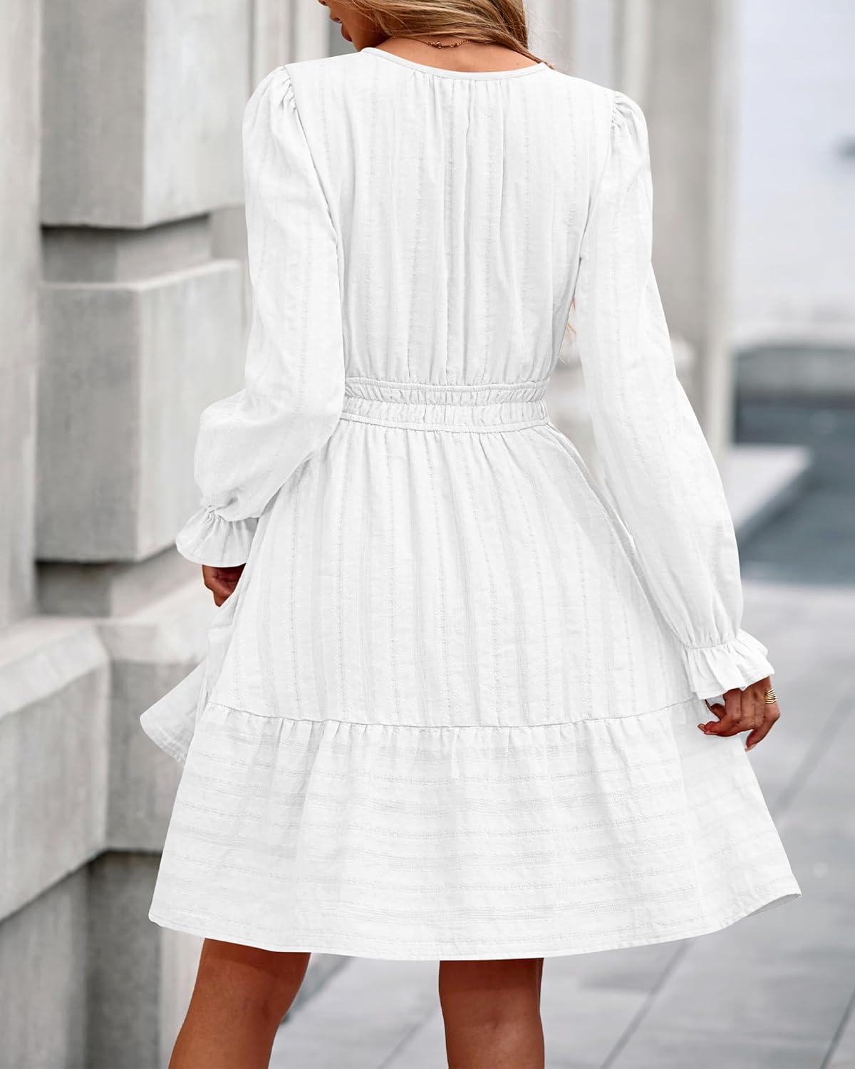 imageBTFBM Mini Dresses for Women 2025 Casual Lightweight Long Sleeve V Neck A Line Elastic Waist Party Holiday DressWhite