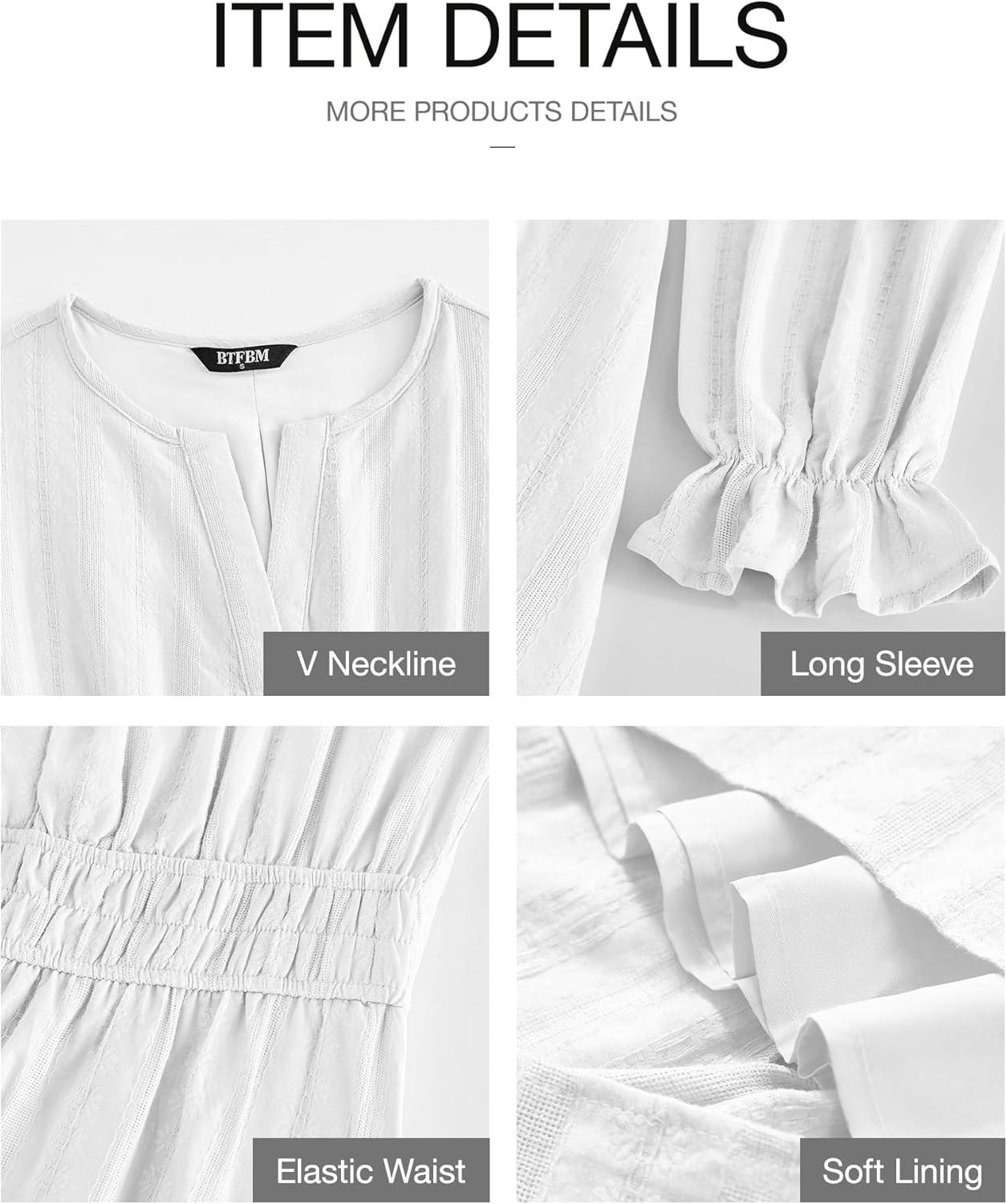 imageBTFBM Mini Dresses for Women 2025 Casual Lightweight Long Sleeve V Neck A Line Elastic Waist Party Holiday DressWhite